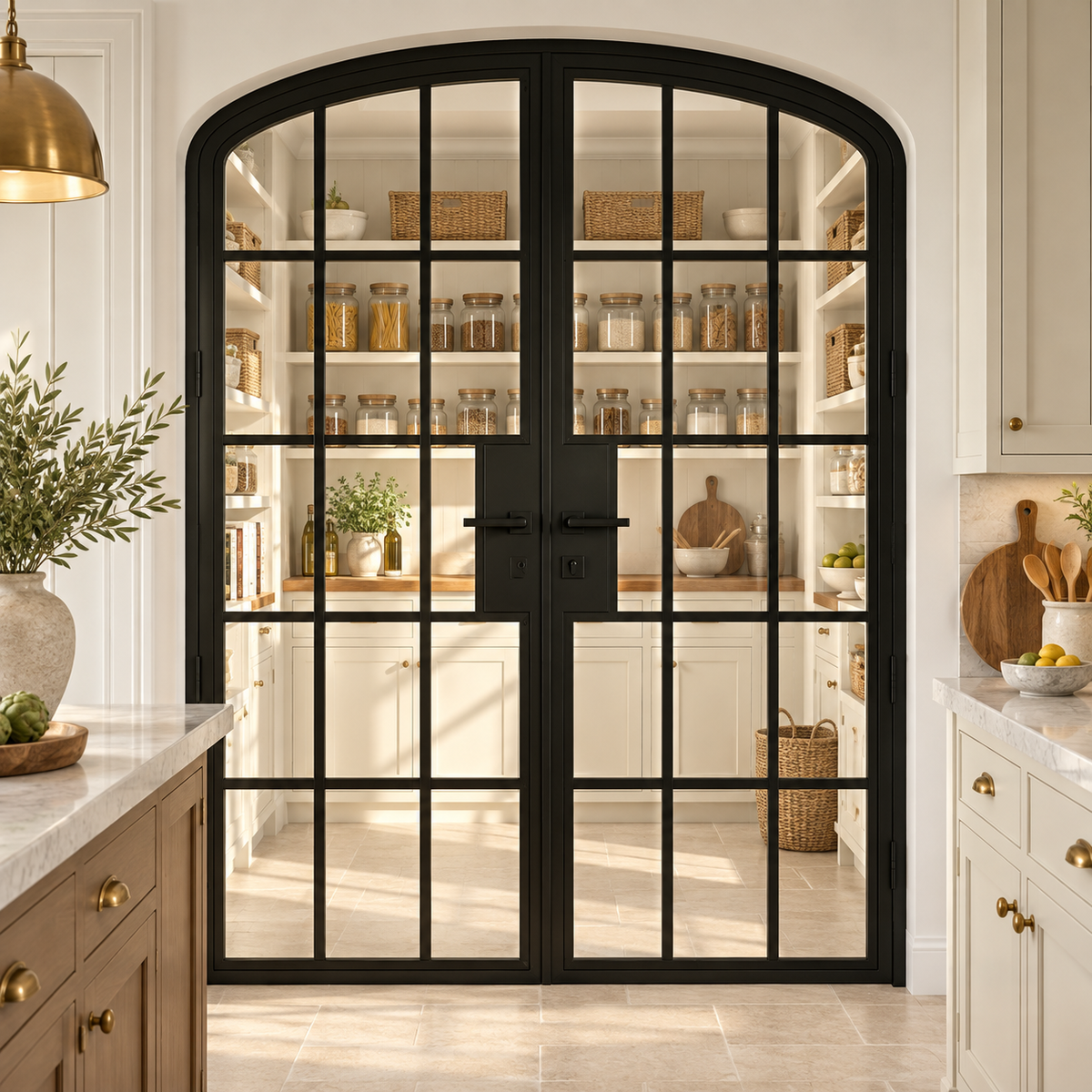 15 Lite Steel Pantry Arched Top French Double Door leading into a cream pantry from a limestone kitchen — product visualization