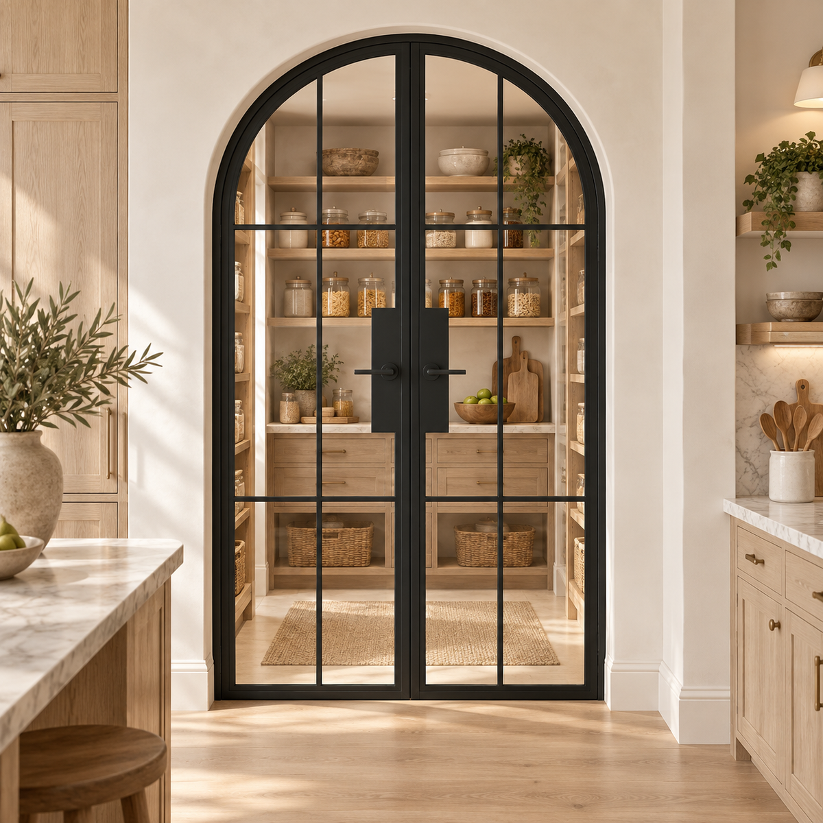 6 Lite Steel Pantry Round Top French Double Door leading into an oak pantry from an ivory kitchen — product visualization