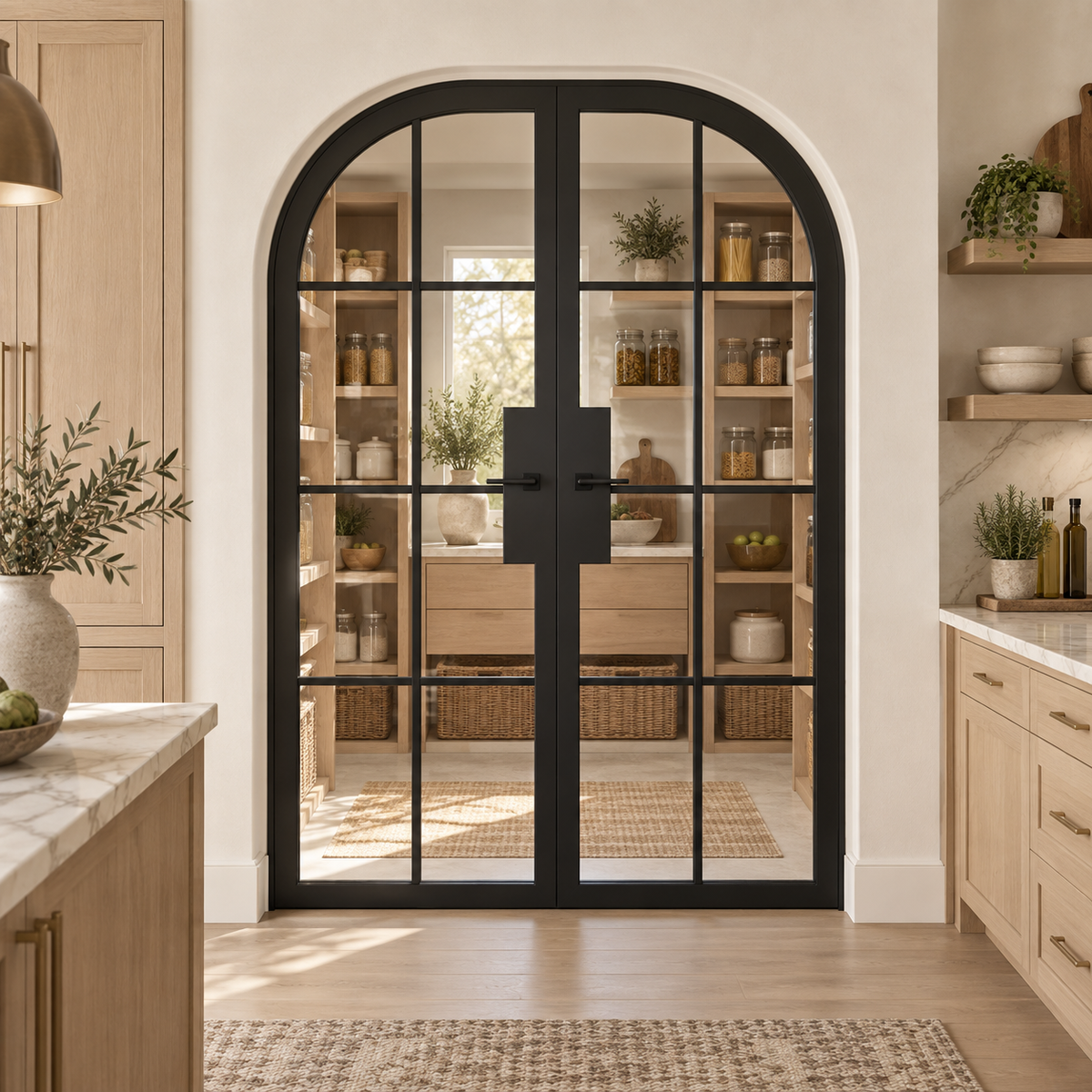 8 Lite Steel Pantry Round Top French Double Door leading into an oak pantry from an ivory kitchen — product visualization