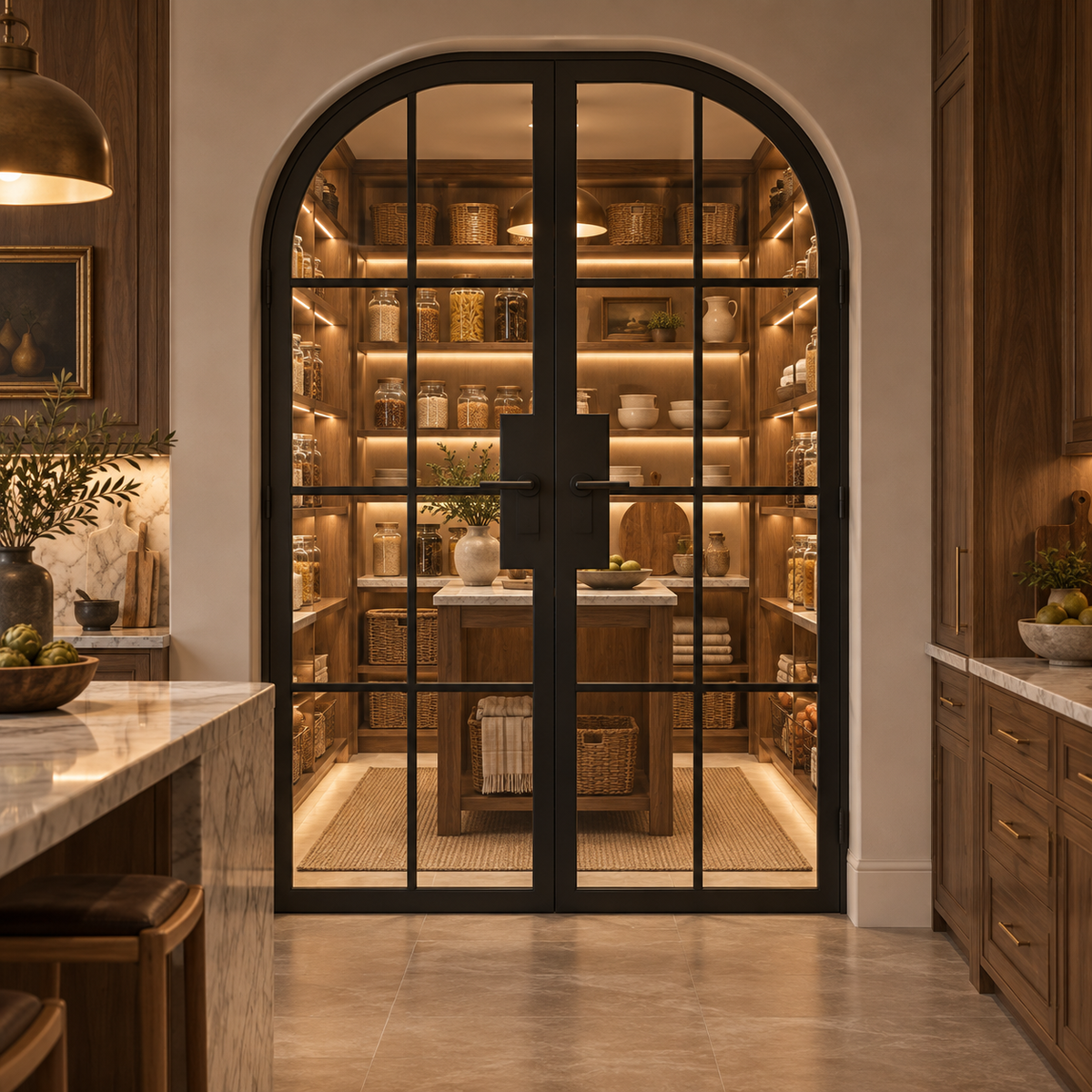 8 Lite Steel Pantry Round Top French Double Door leading into an illuminated walnut pantry — product visualization
