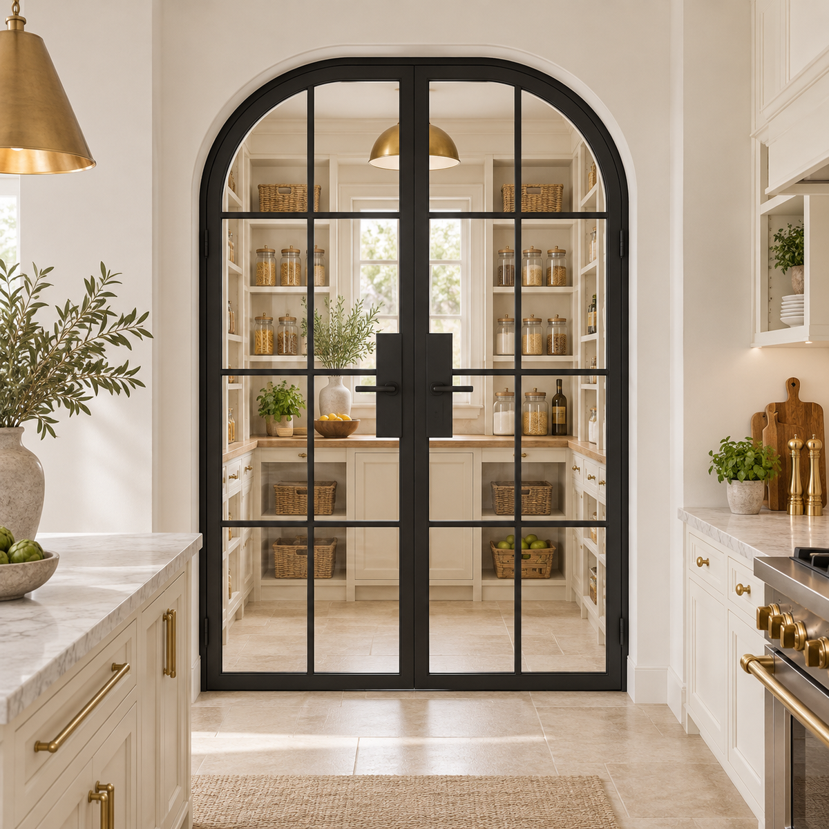 8 Lite Steel Pantry Round Top French Double Door leading into a cream pantry from a limestone kitchen — product visualization