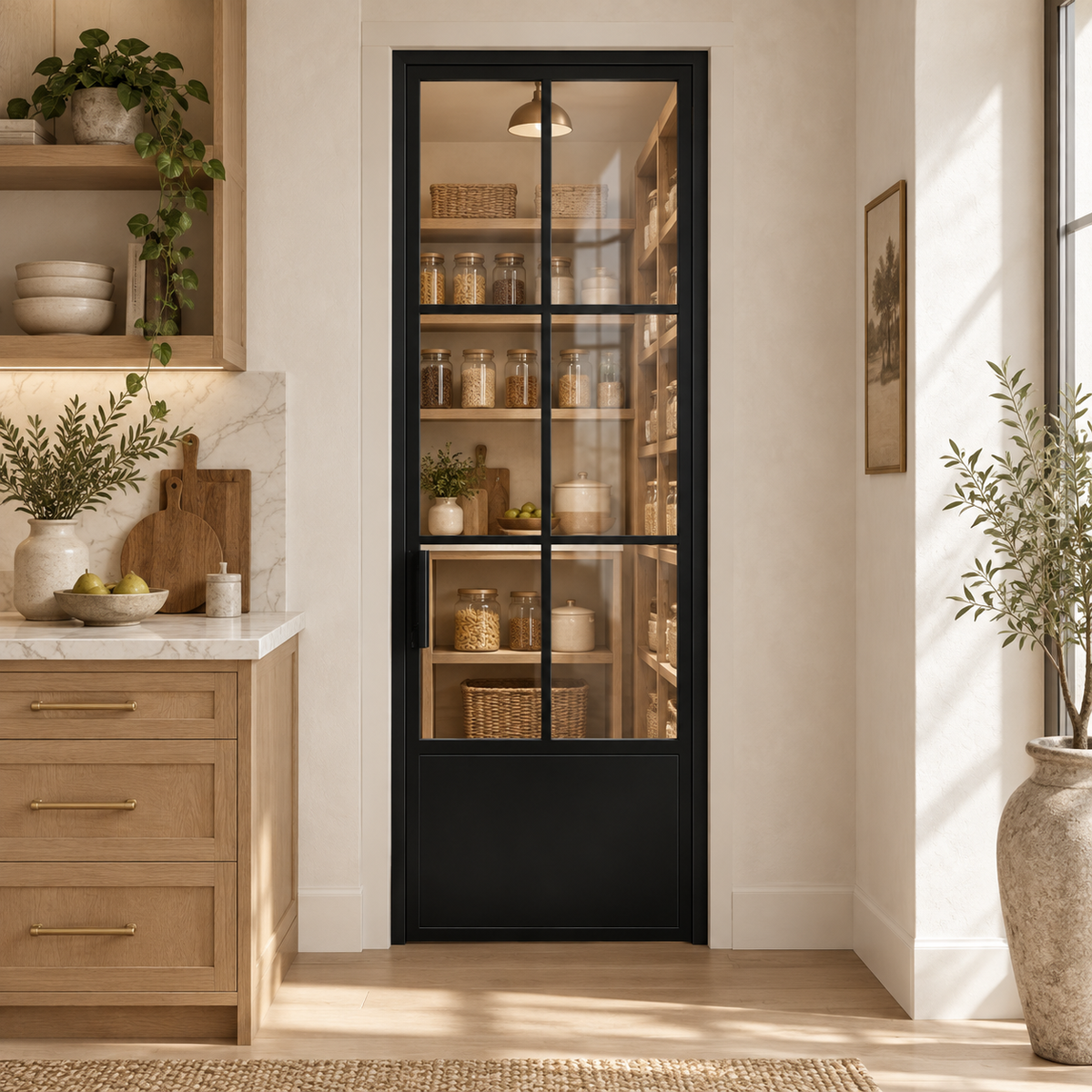 6-Lite Single Steel Pantry Door with Kickplate leading into an oak-shelved pantry from an ivory kitchen — product visualization