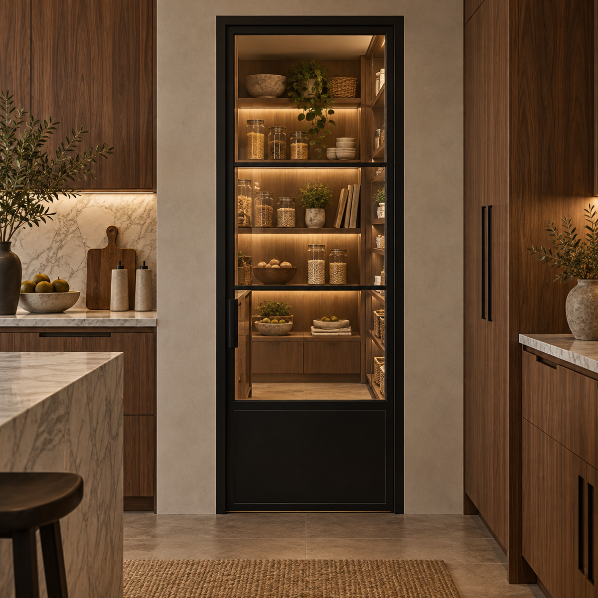 3-Lite Single Steel Pantry Door with Kickplate leading into a walnut pantry from a marble-trimmed kitchen — product visualization