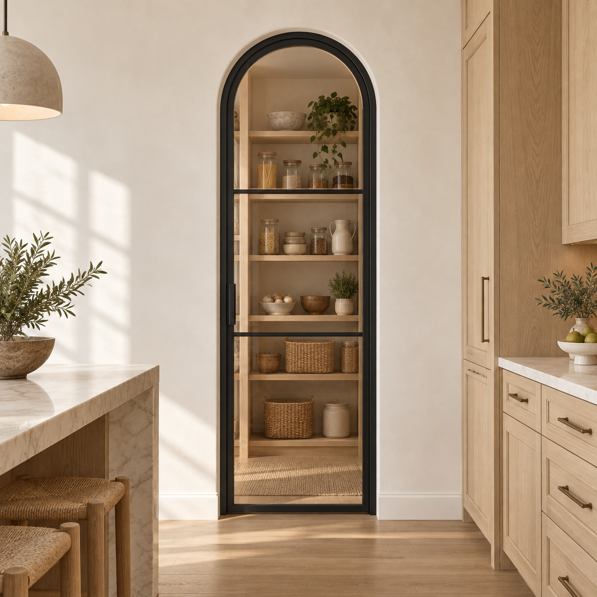 3-Lite Full-Arch Single Steel Pantry Door leading into an oak-shelved walk-in pantry from an ivory kitchen — lifestyle visualization