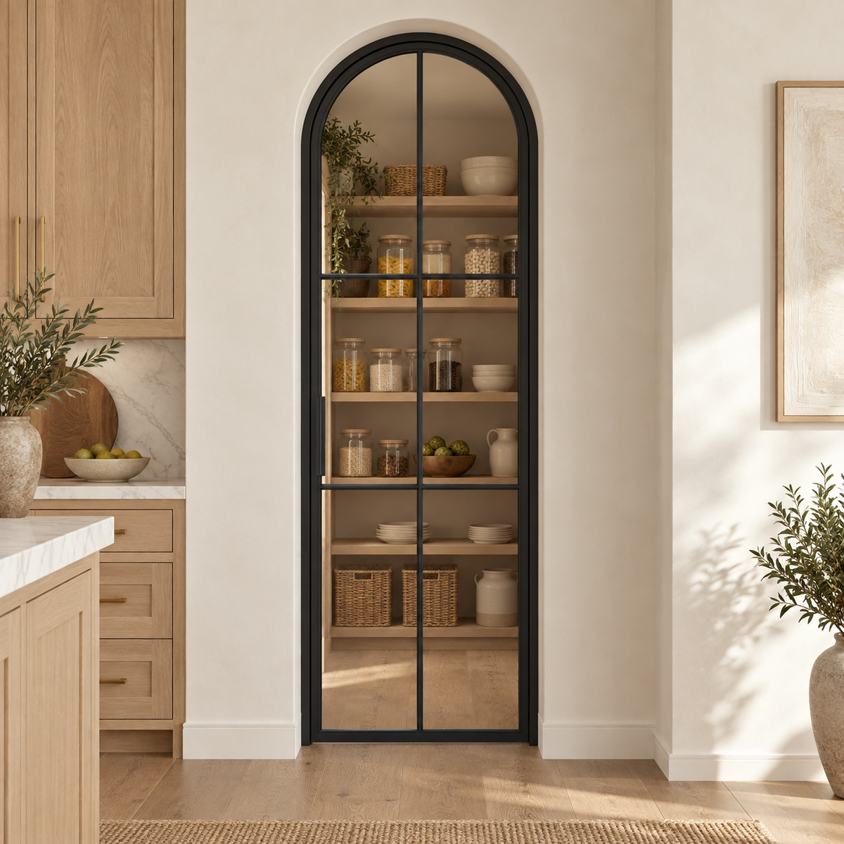 6-Lite Full-Arch Single Steel Pantry Door leading into an oak-shelved walk-in pantry from an ivory kitchen — lifestyle visualization