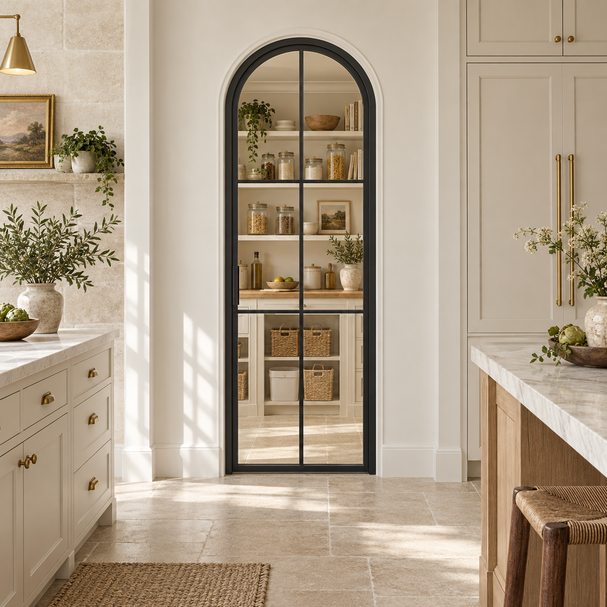 6-Lite Full-Arch Single Steel Pantry Door leading into a cream-shelved pantry from a limestone kitchen — lifestyle visualization