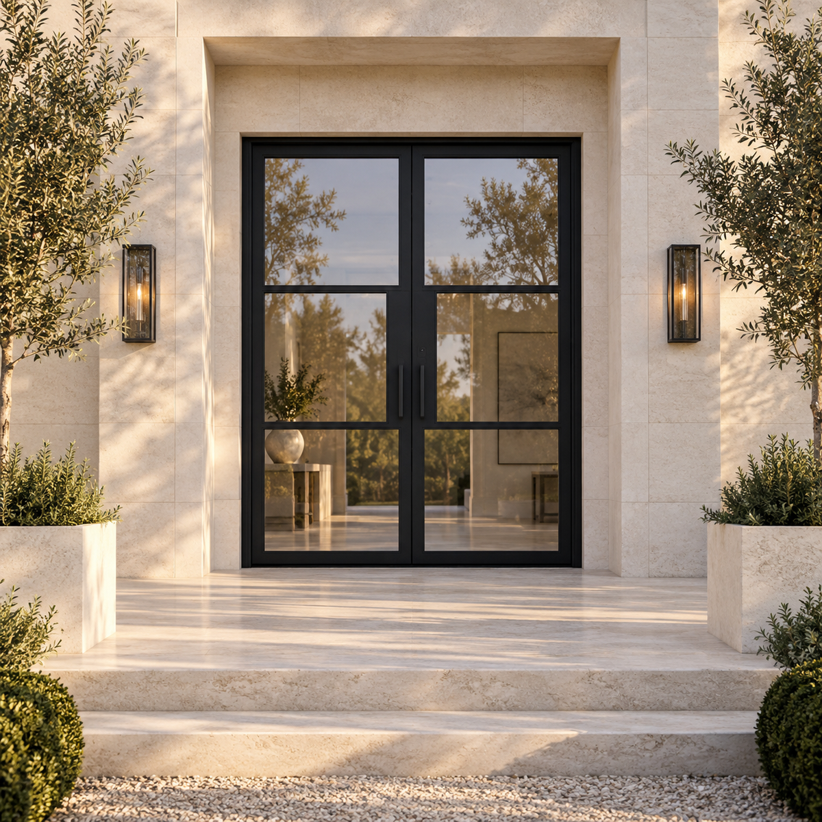 Lite 3 Double thermally broken black steel door in a luxury limestone exterior — lifestyle visualization