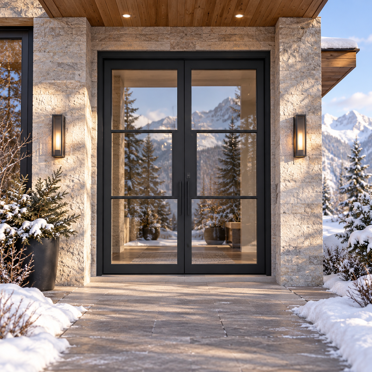 Lite 3 Double thermally broken black steel door in a luxury winter mountain home — lifestyle visualization