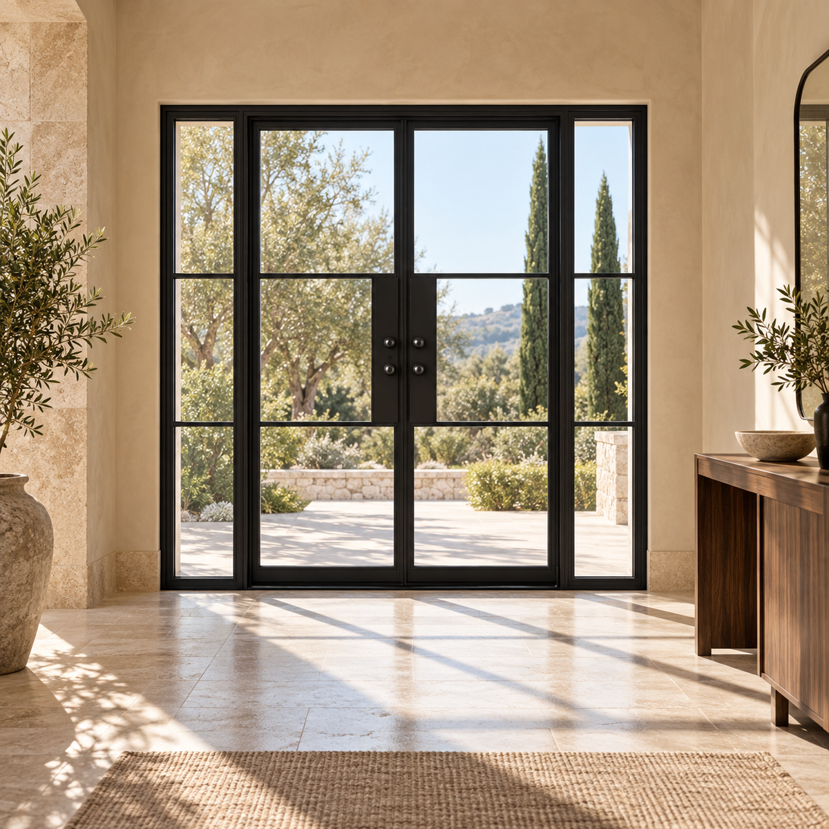 Lite 3 Double + Sidelights thermally broken black steel door in a luxury interior foyer — lifestyle visualization