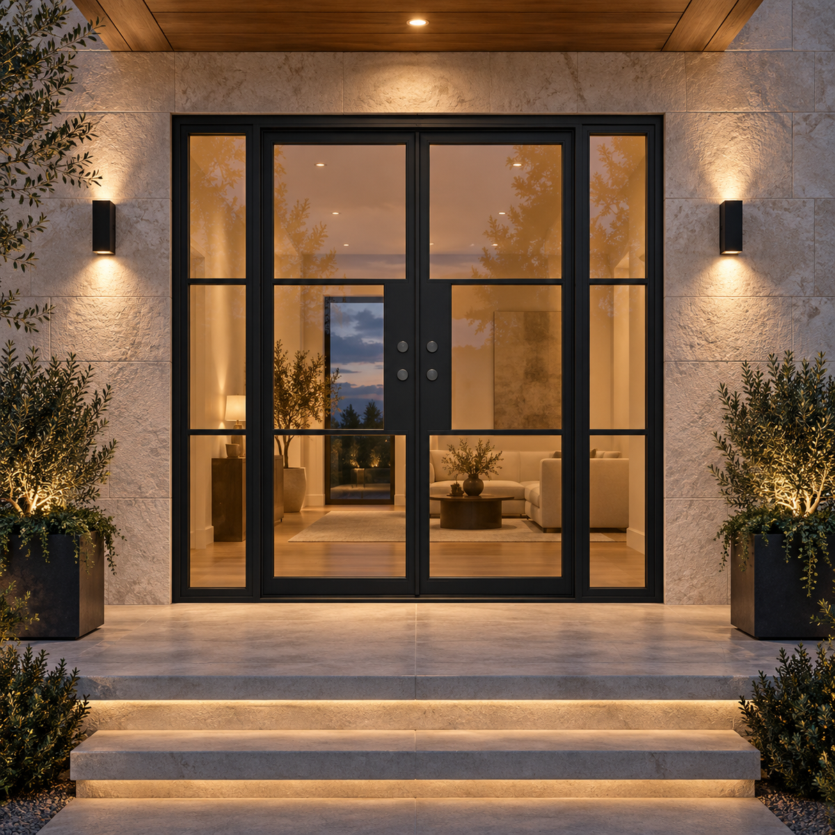 Lite 3 Double + Sidelights thermally broken black steel door in a luxury evening entryway — lifestyle visualization