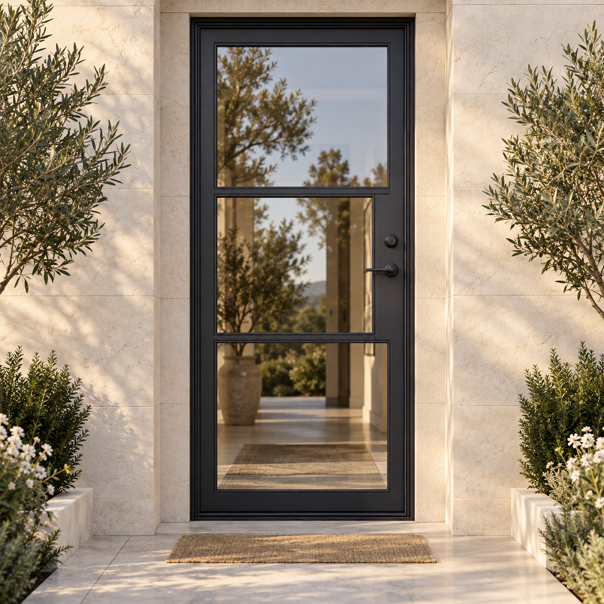 Custom Crafted 3-lite single thermally broken steel door in a limestone exterior in warm daylight — lifestyle visualization
