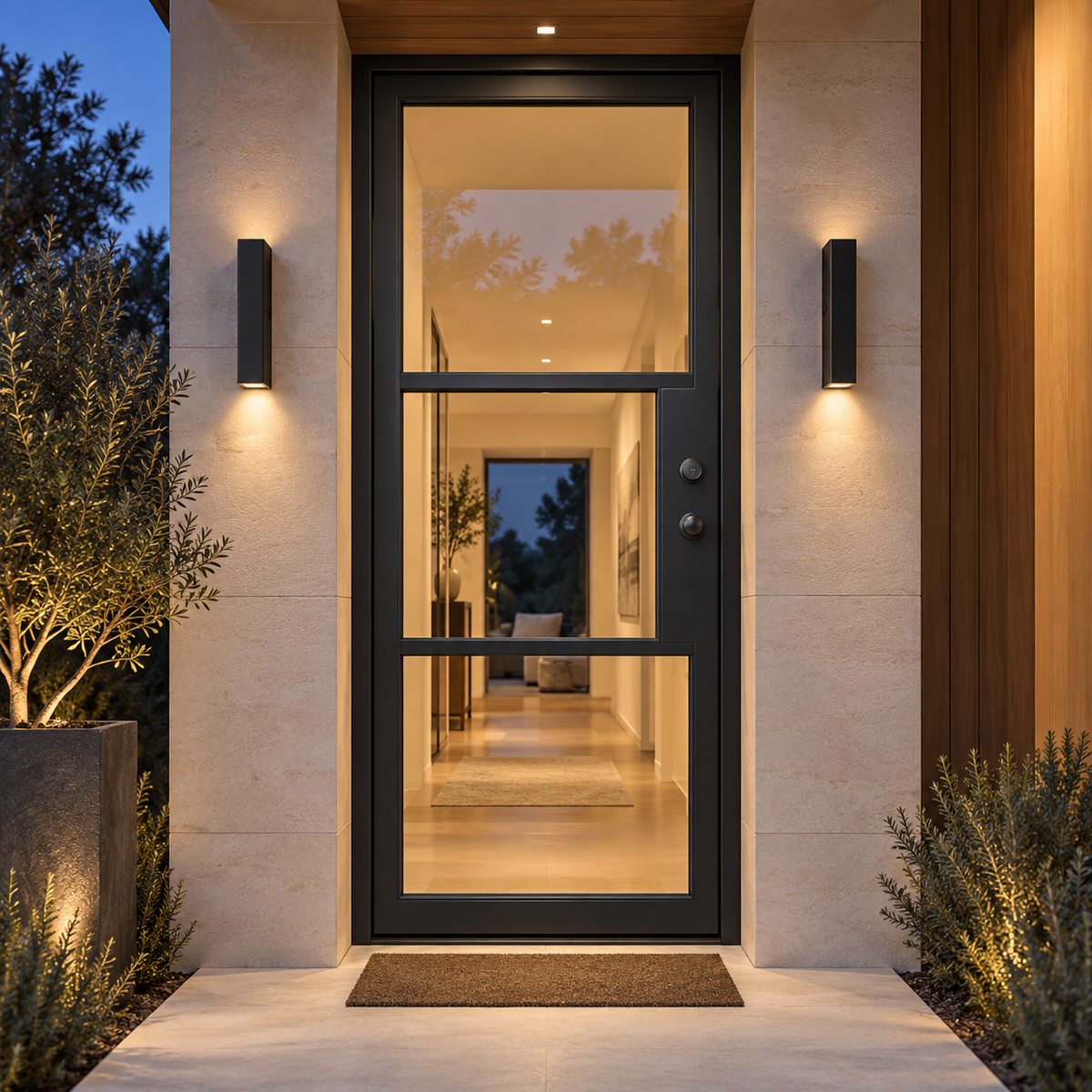 Custom Crafted 3-lite single thermally broken steel door in a luxury residence entry at blue hour — lifestyle visualization
