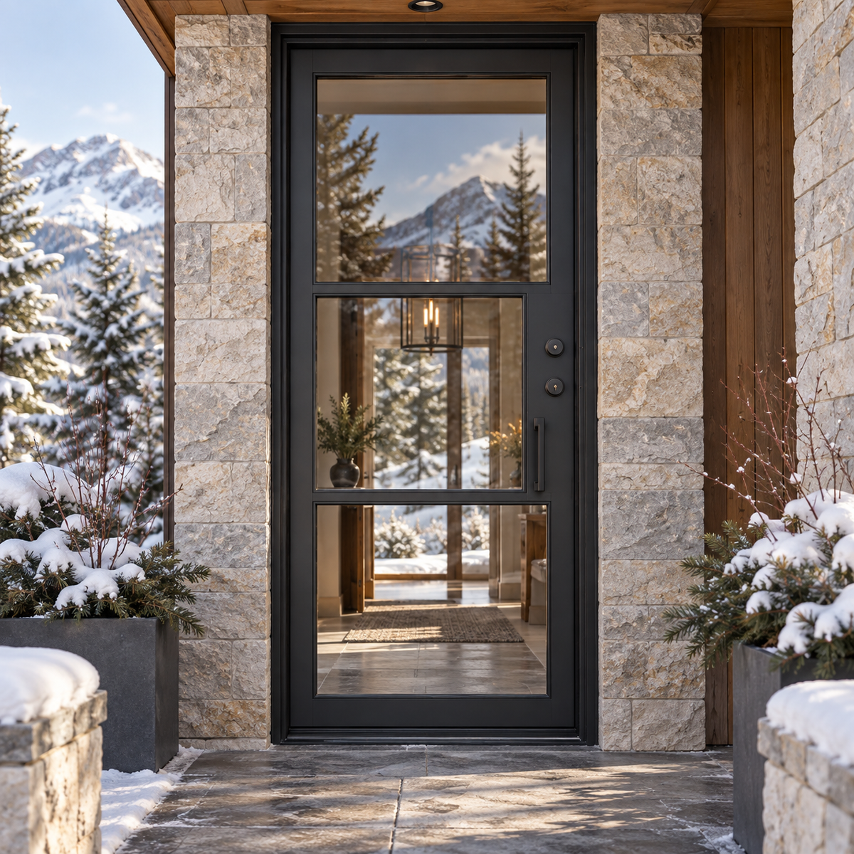 Custom Crafted 3-lite single thermally broken steel door in a snowy mountain-home entry — lifestyle visualization