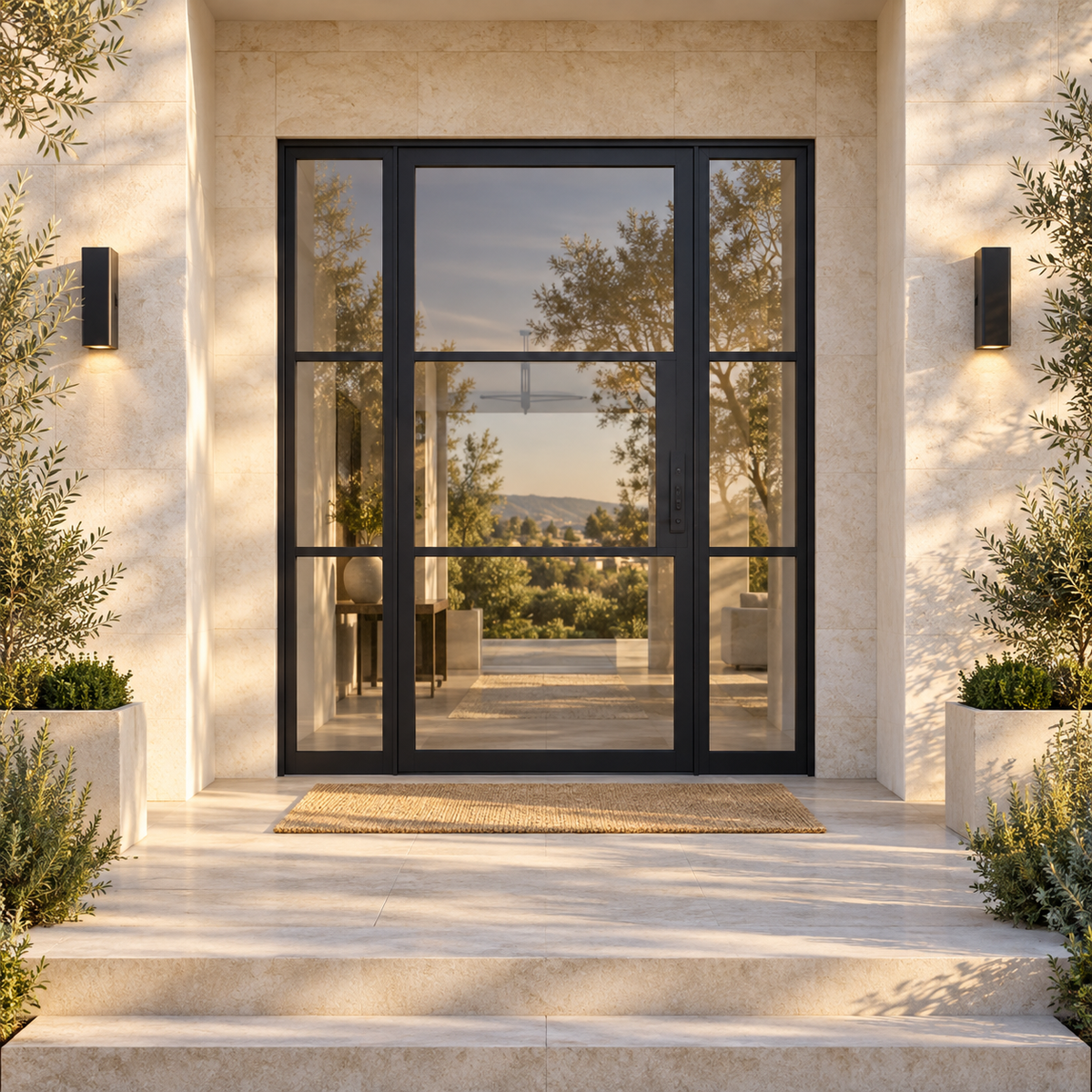 Lite 3 Single + Sidelights thermally broken black steel door in a luxury limestone exterior — lifestyle visualization
