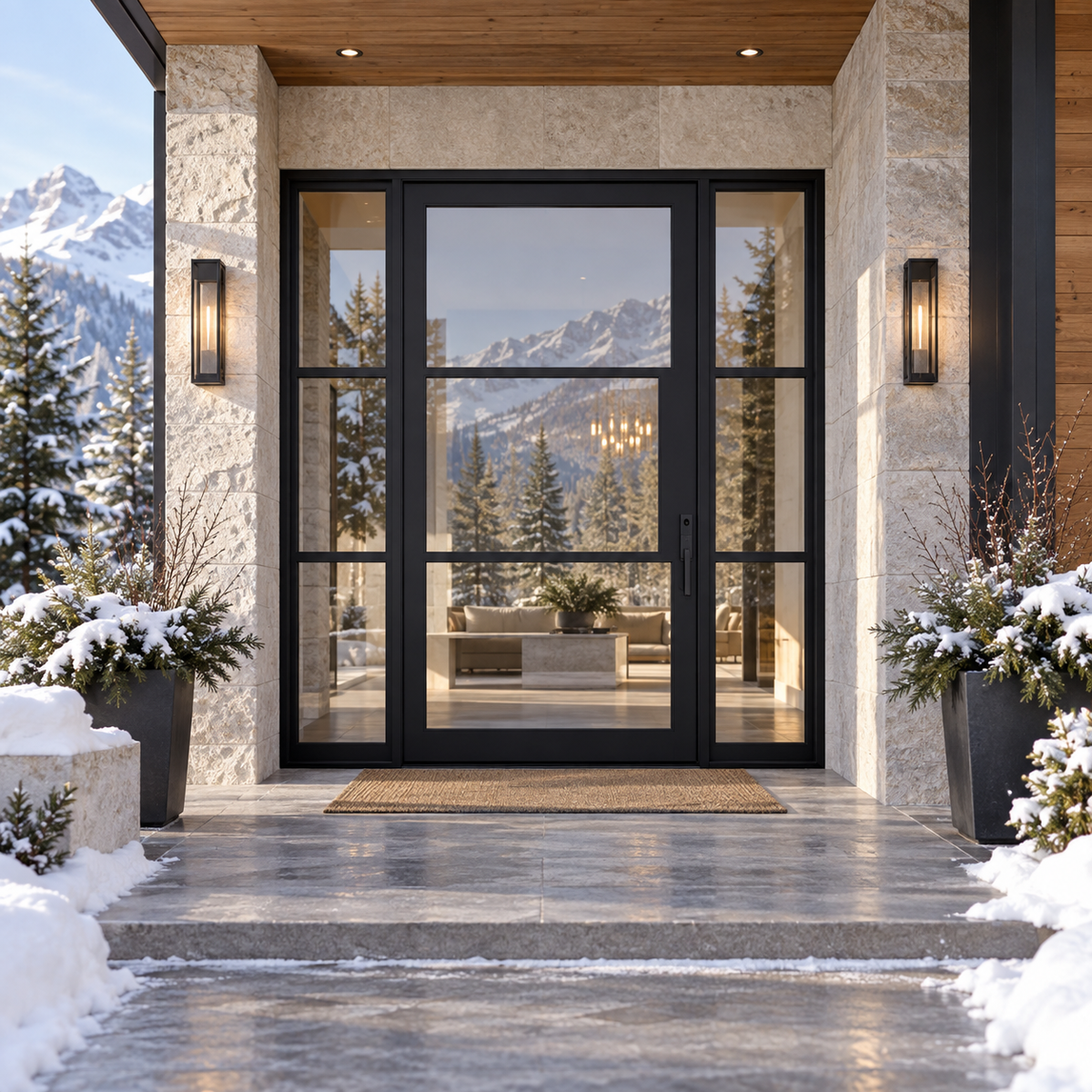 Lite 3 Single + Sidelights thermally broken black steel door in a luxury winter mountain home — lifestyle visualization