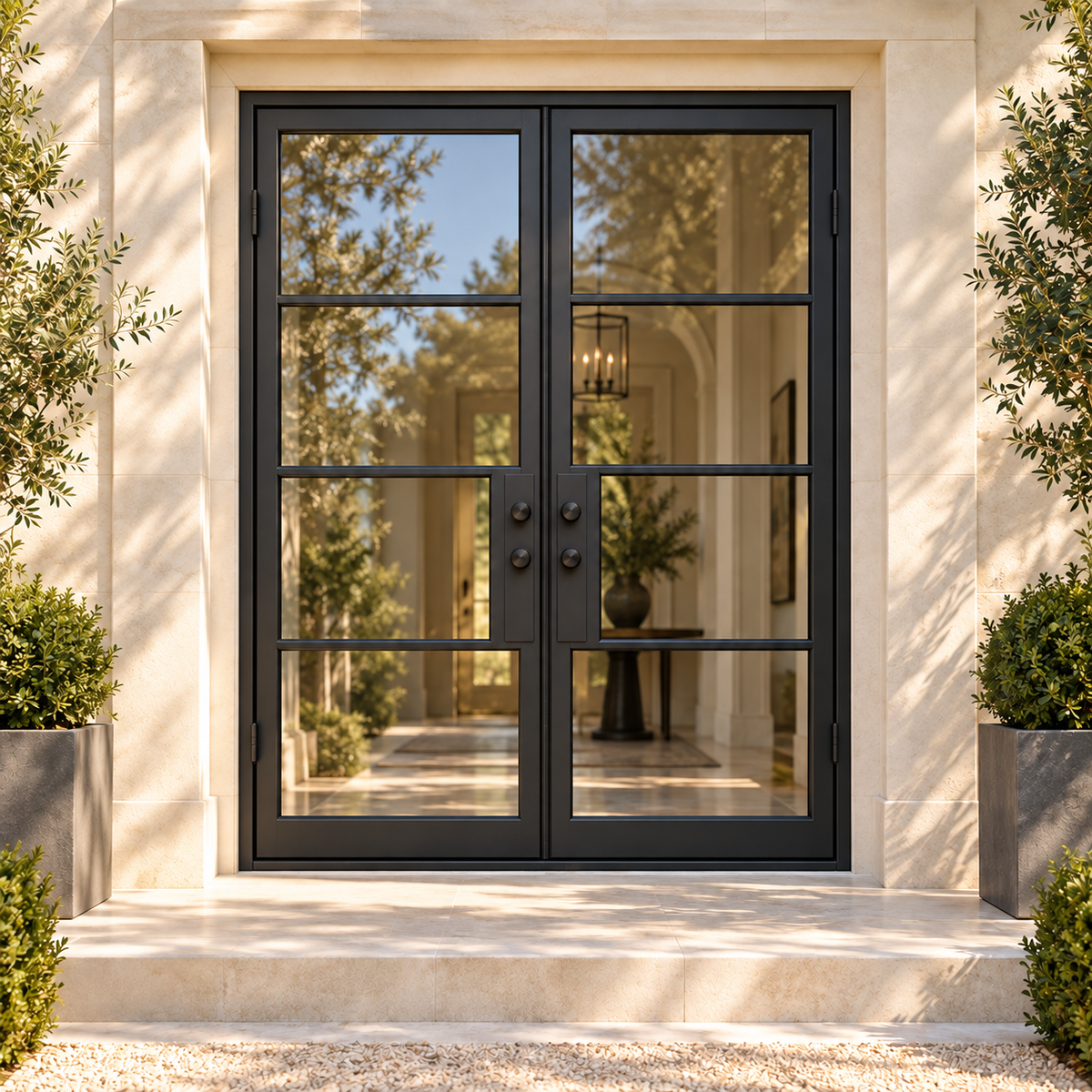Lite 4 Double thermally broken black steel door in a luxury limestone exterior — lifestyle visualization