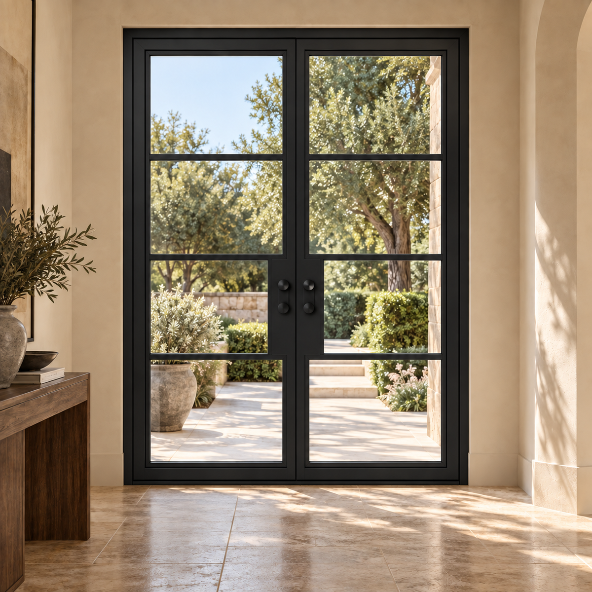 Lite 4 Double thermally broken black steel door in a luxury interior foyer — lifestyle visualization