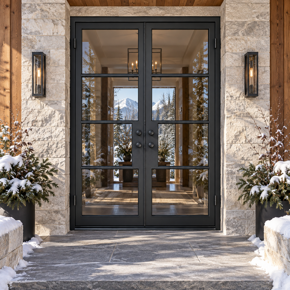 Lite 4 Double thermally broken black steel door in a luxury winter mountain home — lifestyle visualization