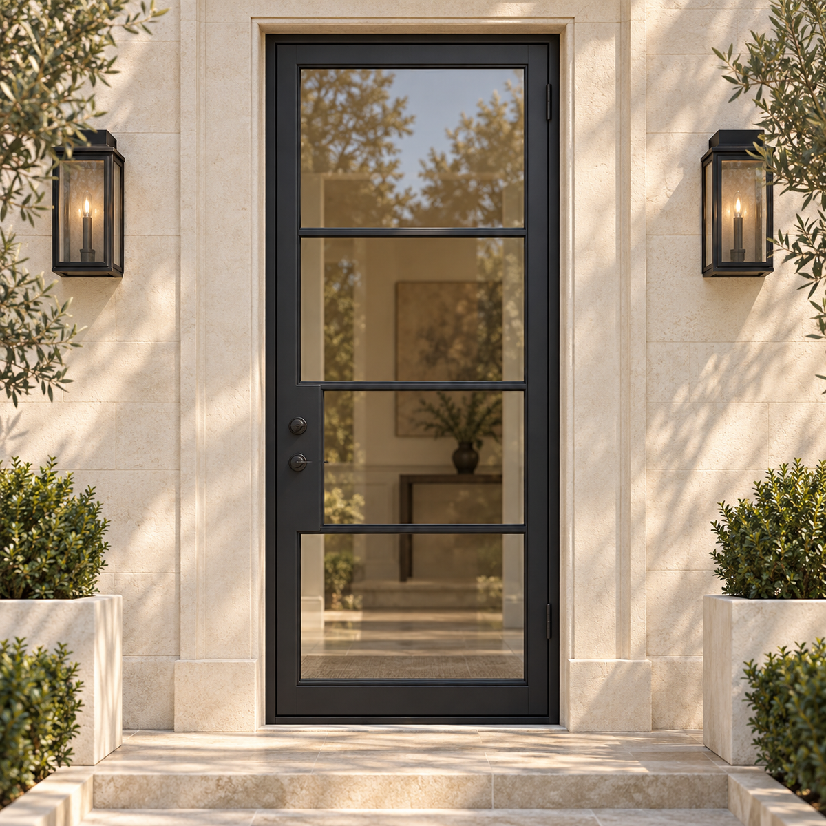 Lite 4 Single thermally broken black steel door in a luxury limestone exterior — lifestyle visualization