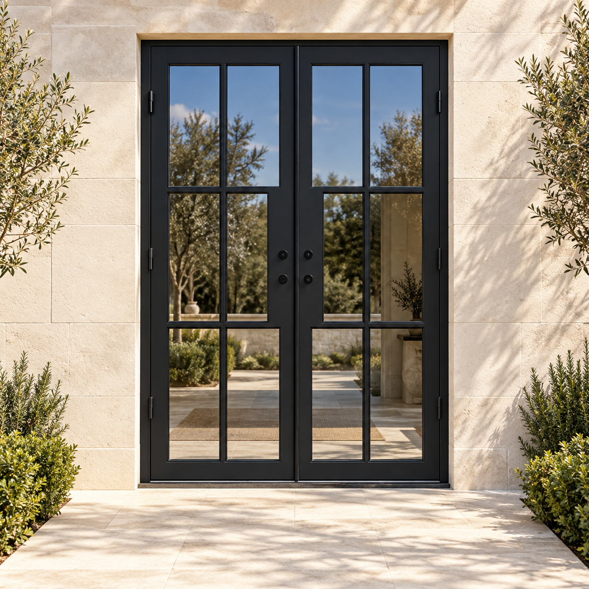 Lite 6 Double thermally broken black steel door in a luxury limestone exterior — lifestyle visualization