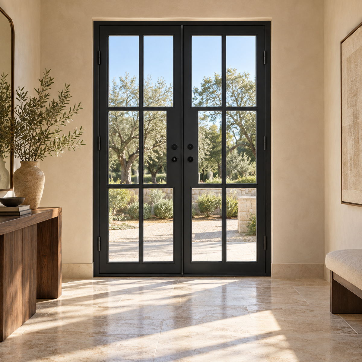 Lite 6 Double thermally broken black steel door in a luxury interior foyer — lifestyle visualization