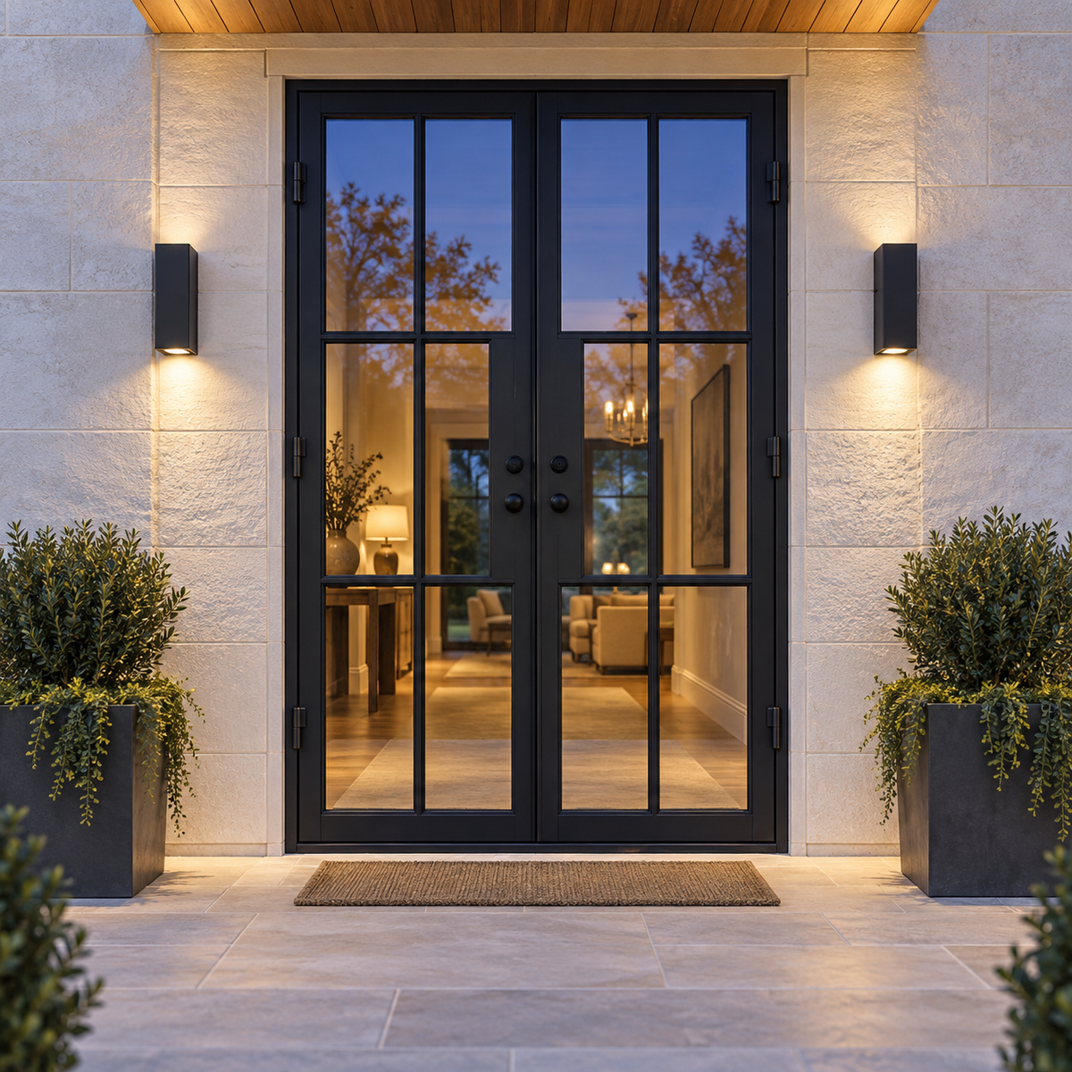 Lite 6 Double thermally broken black steel door in a luxury evening entryway — lifestyle visualization