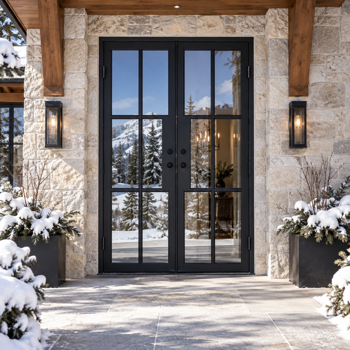 Lite 6 Double thermally broken black steel door in a luxury winter mountain home — lifestyle visualization