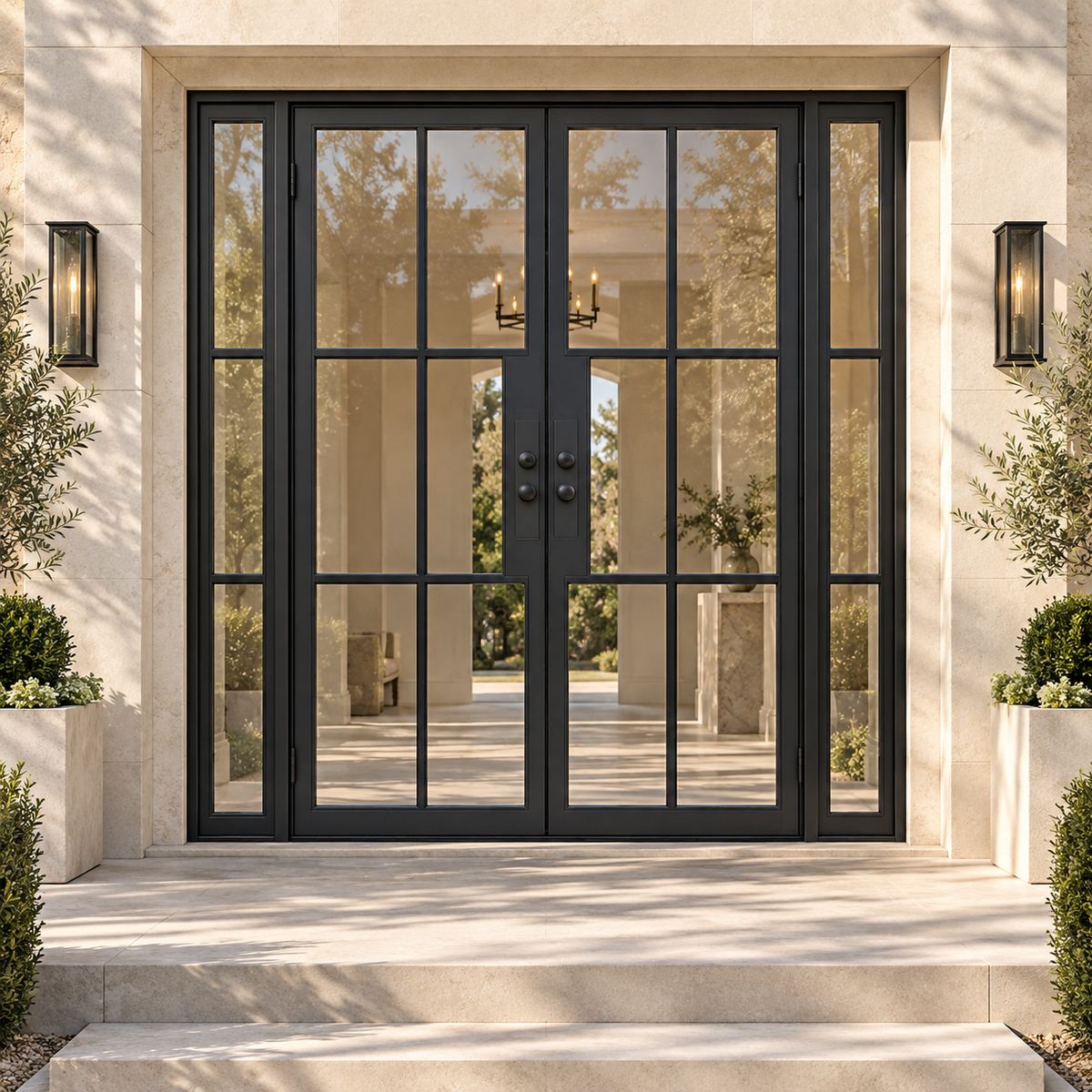 Lite 6 Double + Sidelights thermally broken black steel door in a luxury limestone exterior — lifestyle visualization