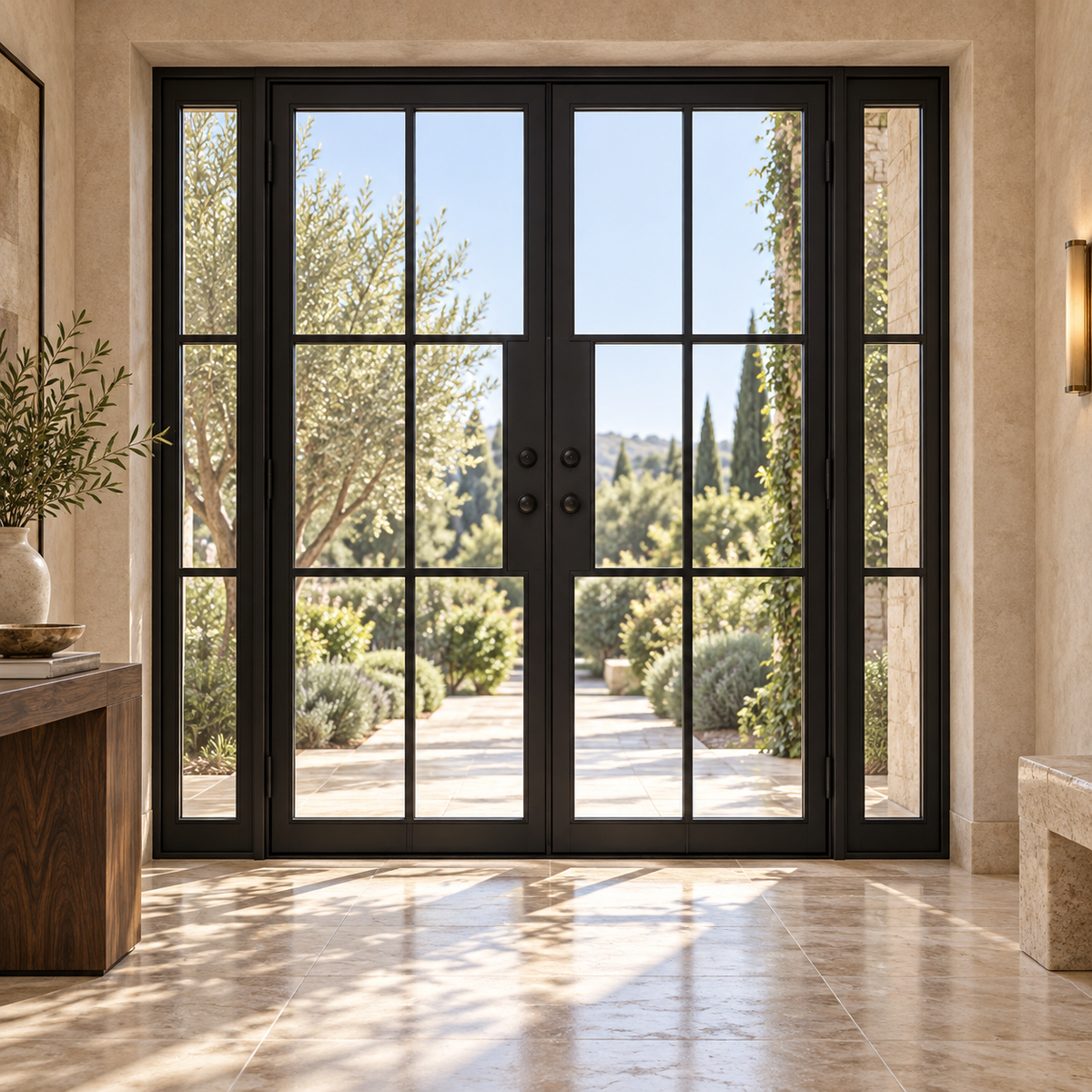 Lite 6 Double + Sidelights thermally broken black steel door in a luxury interior foyer — lifestyle visualization