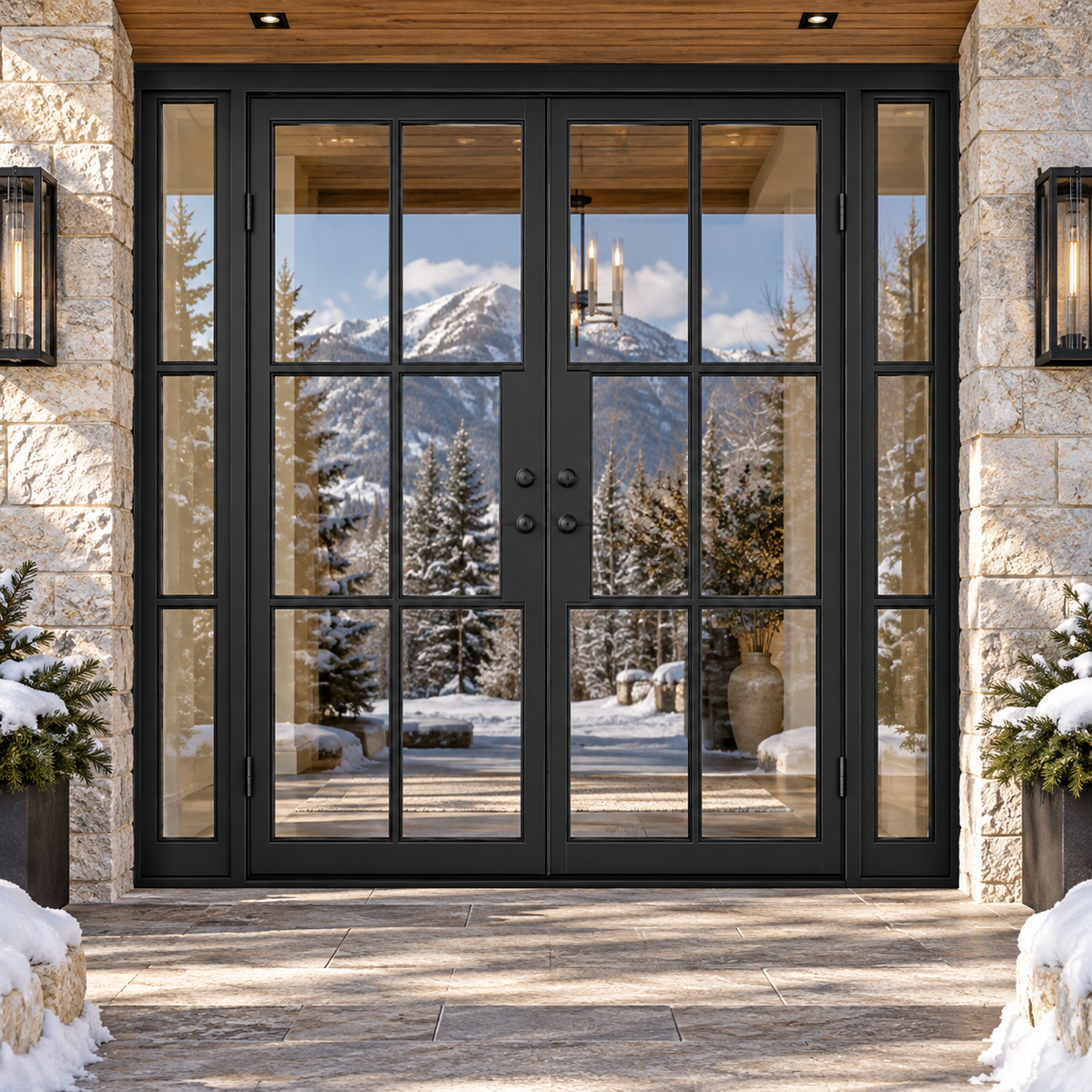 Lite 6 Double + Sidelights thermally broken black steel door in a luxury winter mountain home — lifestyle visualization