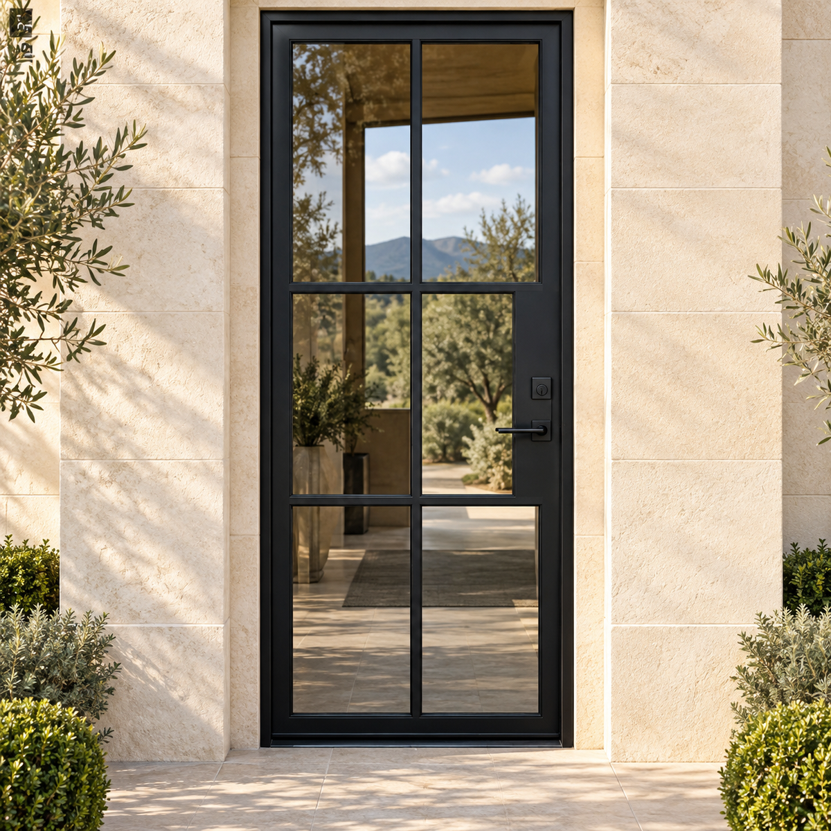 Lite 6 Single thermally broken black steel door in a luxury limestone exterior — lifestyle visualization
