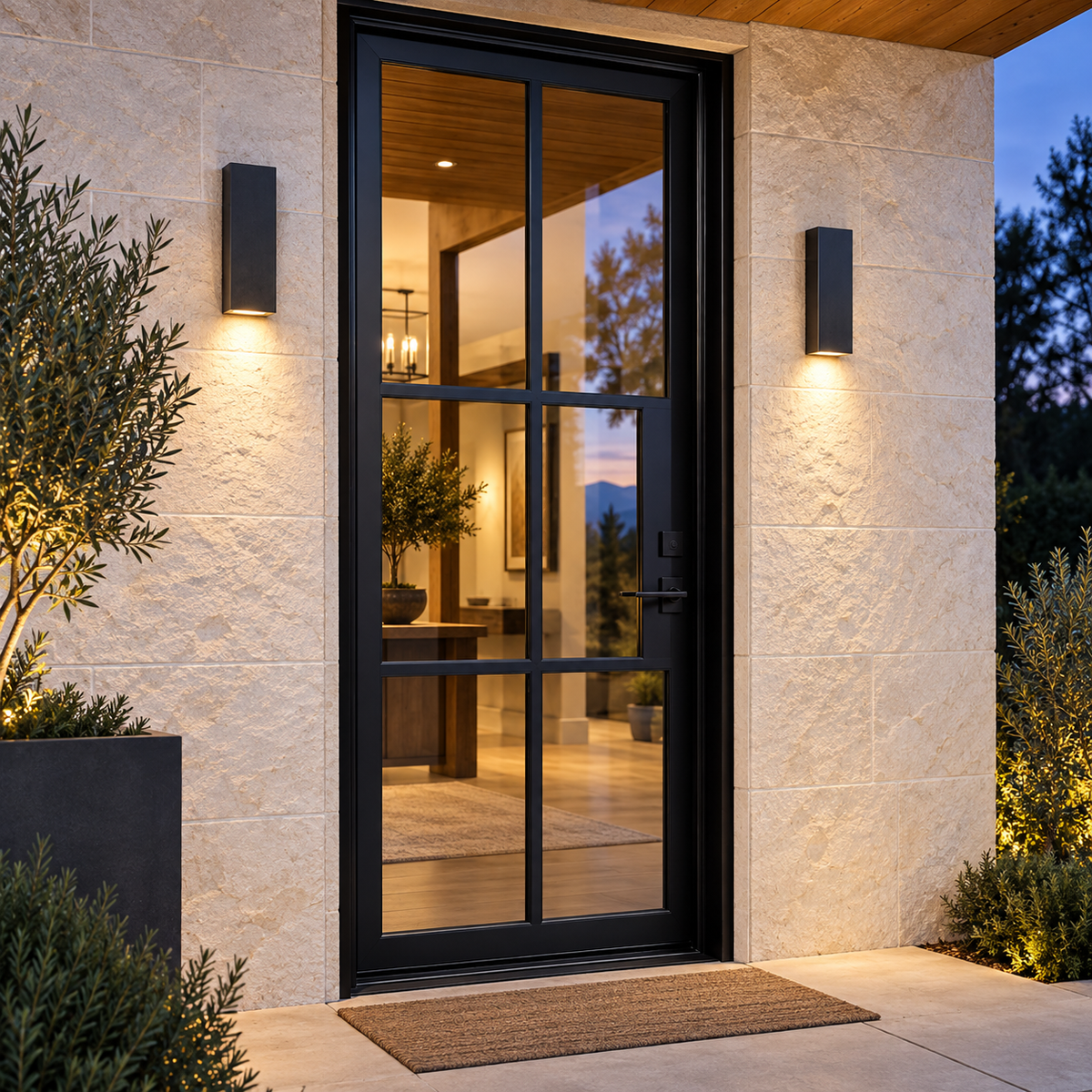 Lite 6 Single thermally broken black steel door in a luxury evening entryway — lifestyle visualization