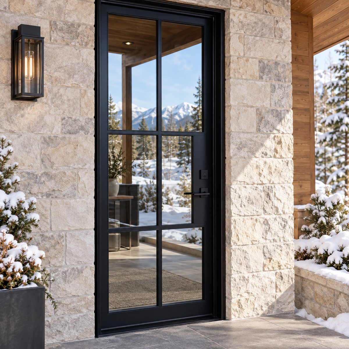 Lite 6 Single thermally broken black steel door in a luxury winter mountain home — lifestyle visualization