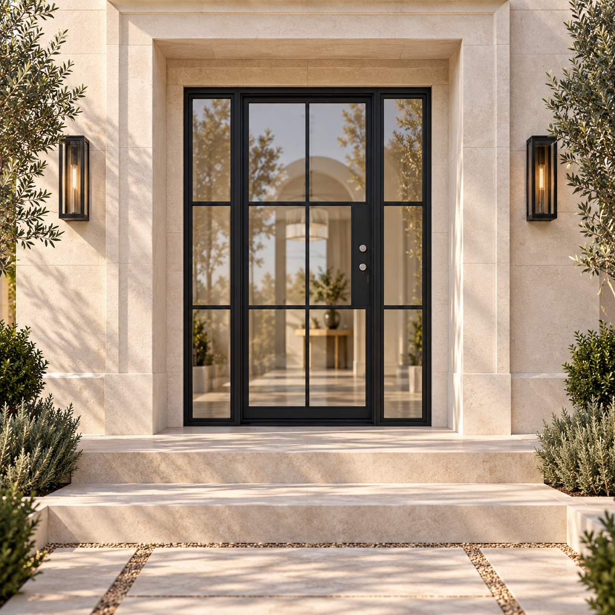Lite 6 Single + Sidelights thermally broken black steel door in a luxury limestone exterior — lifestyle visualization