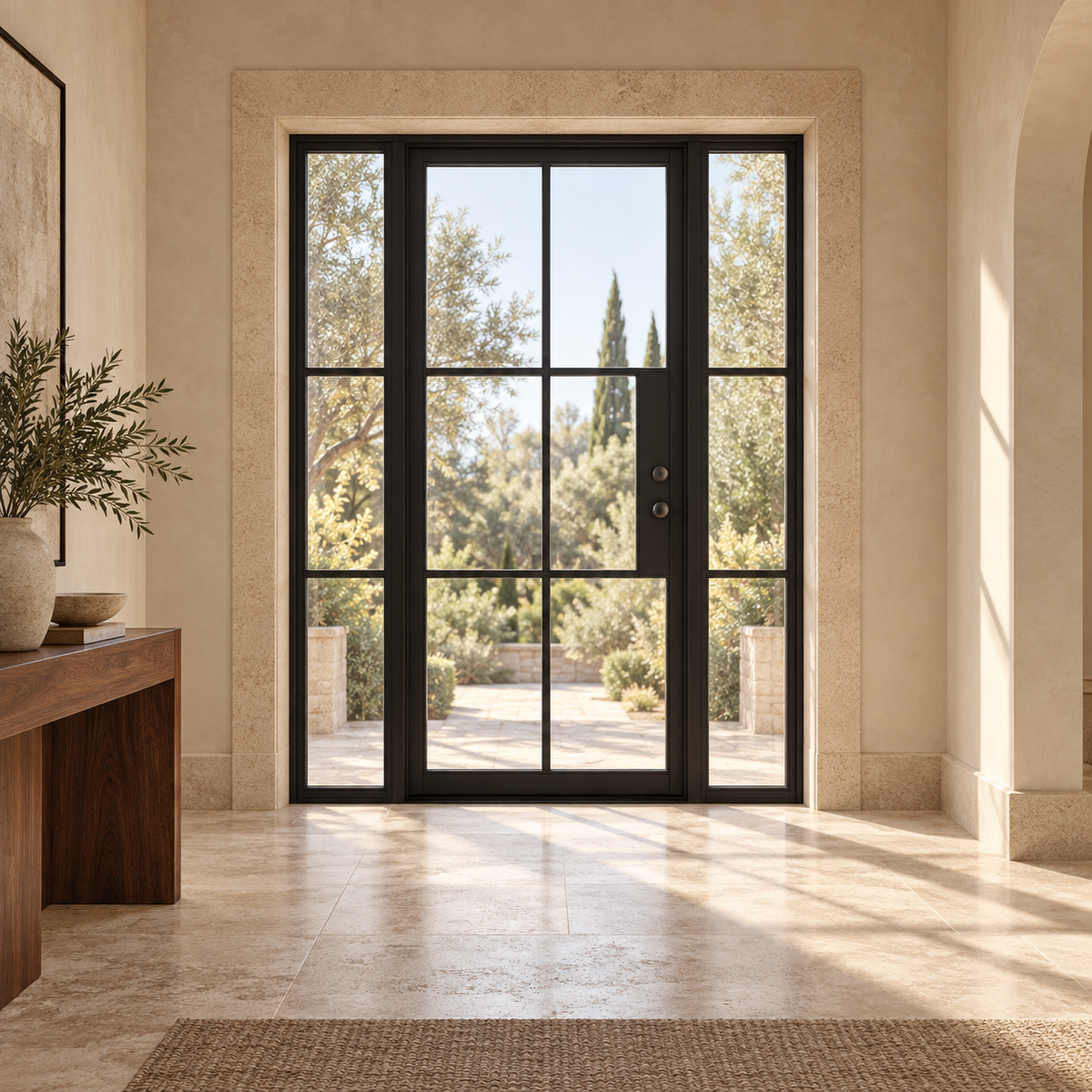 Lite 6 Single + Sidelights thermally broken black steel door in a luxury interior foyer — lifestyle visualization