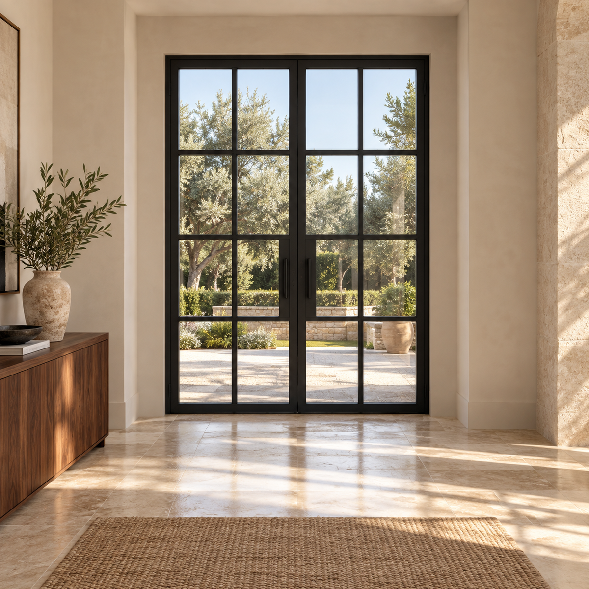 Lite 8 Double thermally broken black steel door in a luxury interior foyer — lifestyle visualization