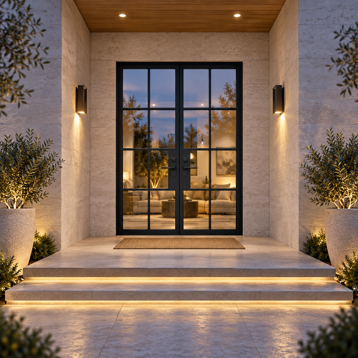 Lite 8 Double thermally broken black steel door in a luxury evening entryway — lifestyle visualization