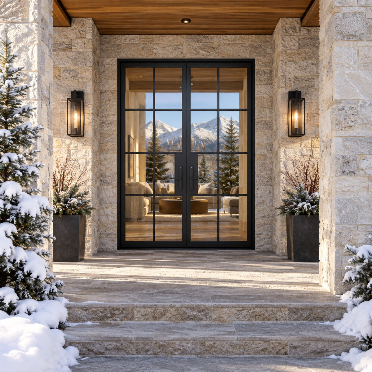 Lite 8 Double thermally broken black steel door in a luxury winter mountain home — lifestyle visualization