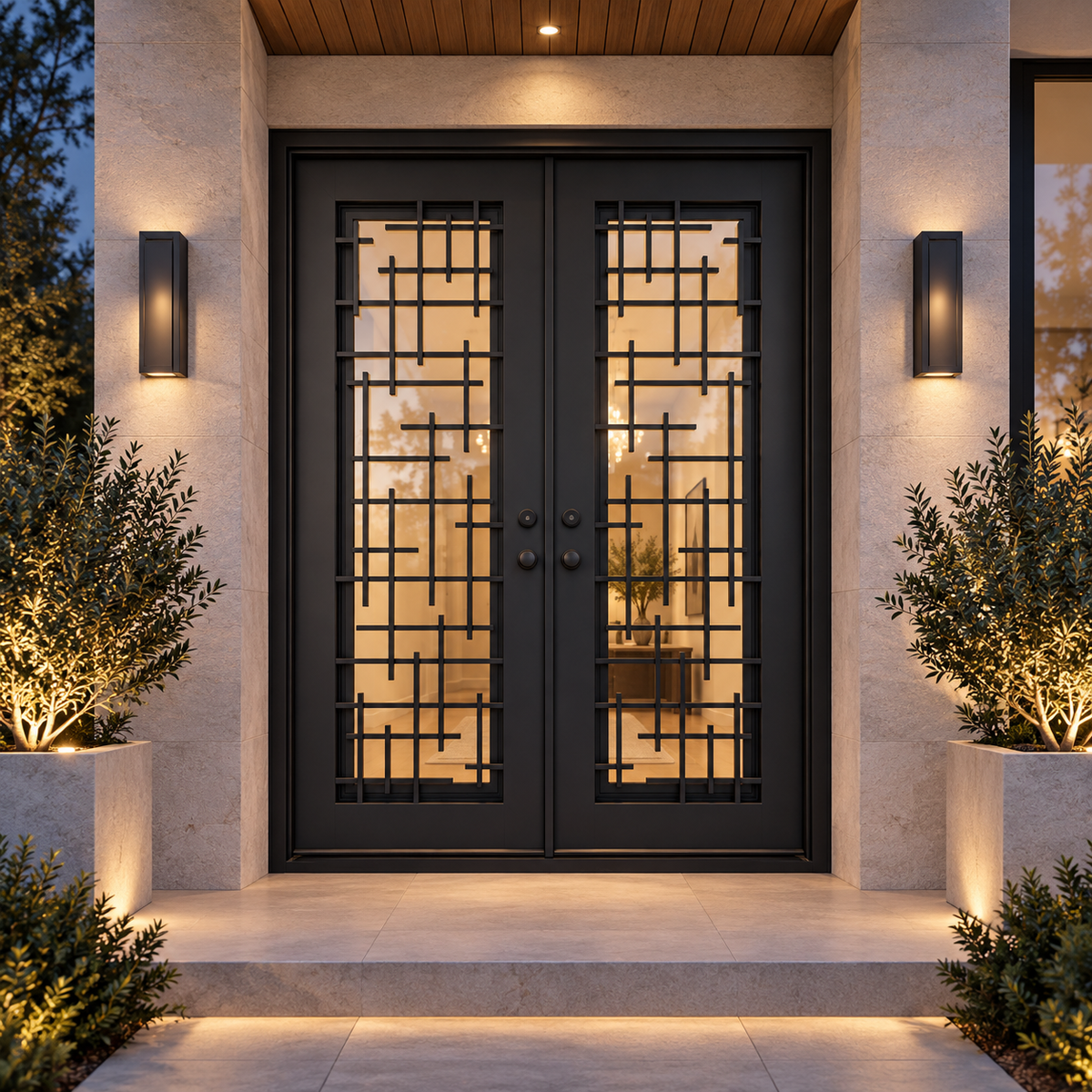 Florence Double thermally broken black steel door in a luxury evening entryway — lifestyle visualization
