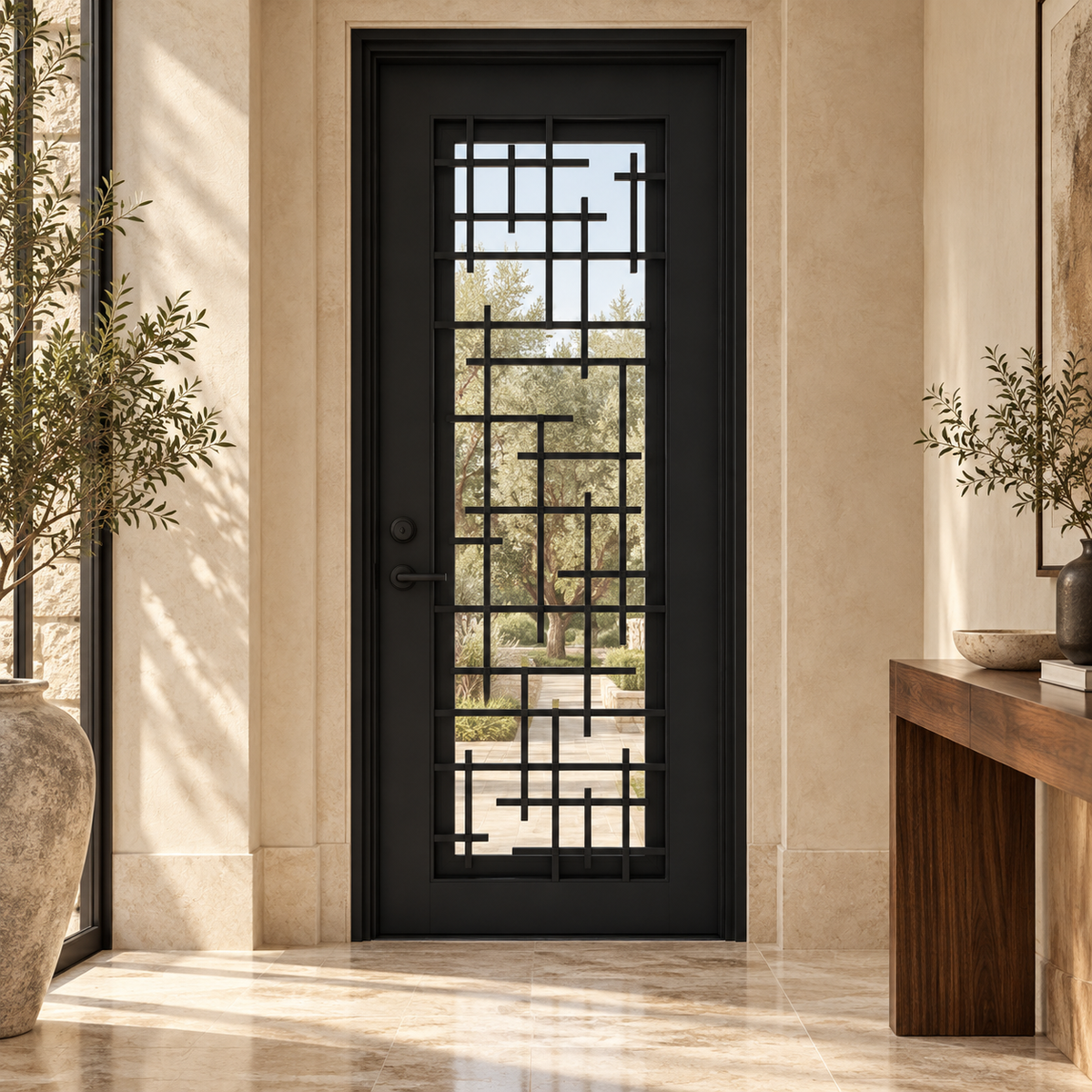 Florence Single thermally broken black steel door in a luxury interior foyer — lifestyle visualization