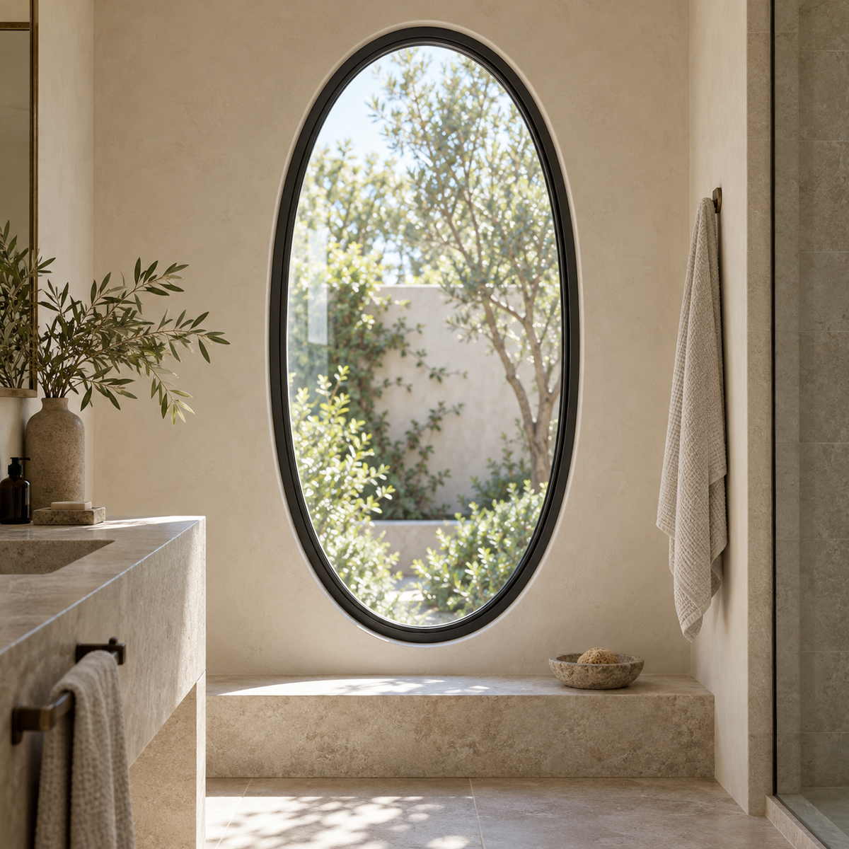 Oval fixed steel window — bath architectural visualization