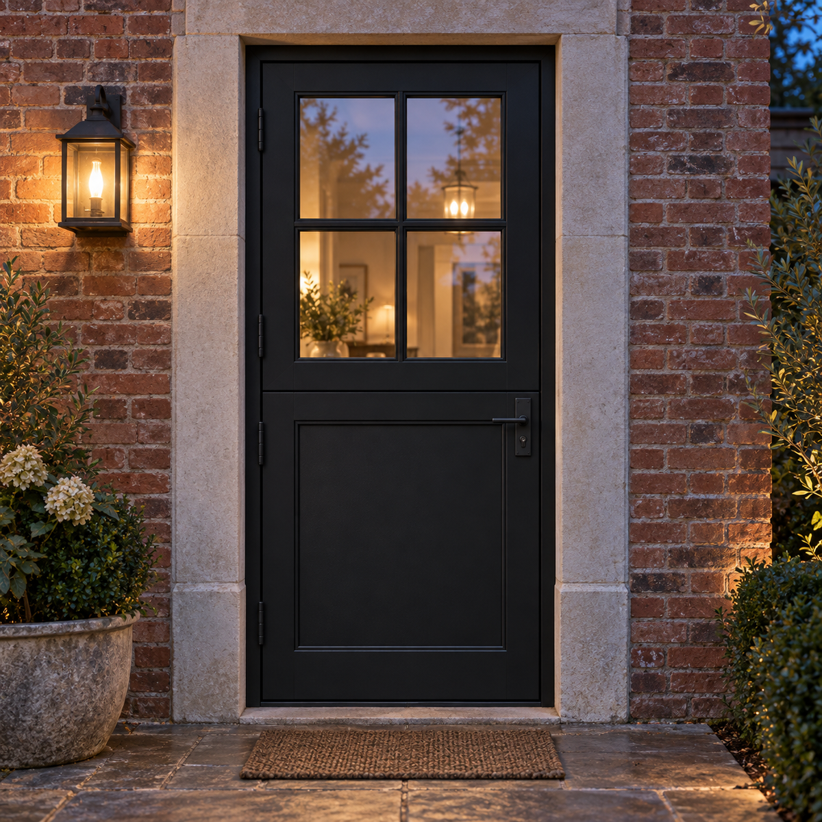 Paneled 4 Lite Single Dutch Steel Door — evening AI-generated design visualization