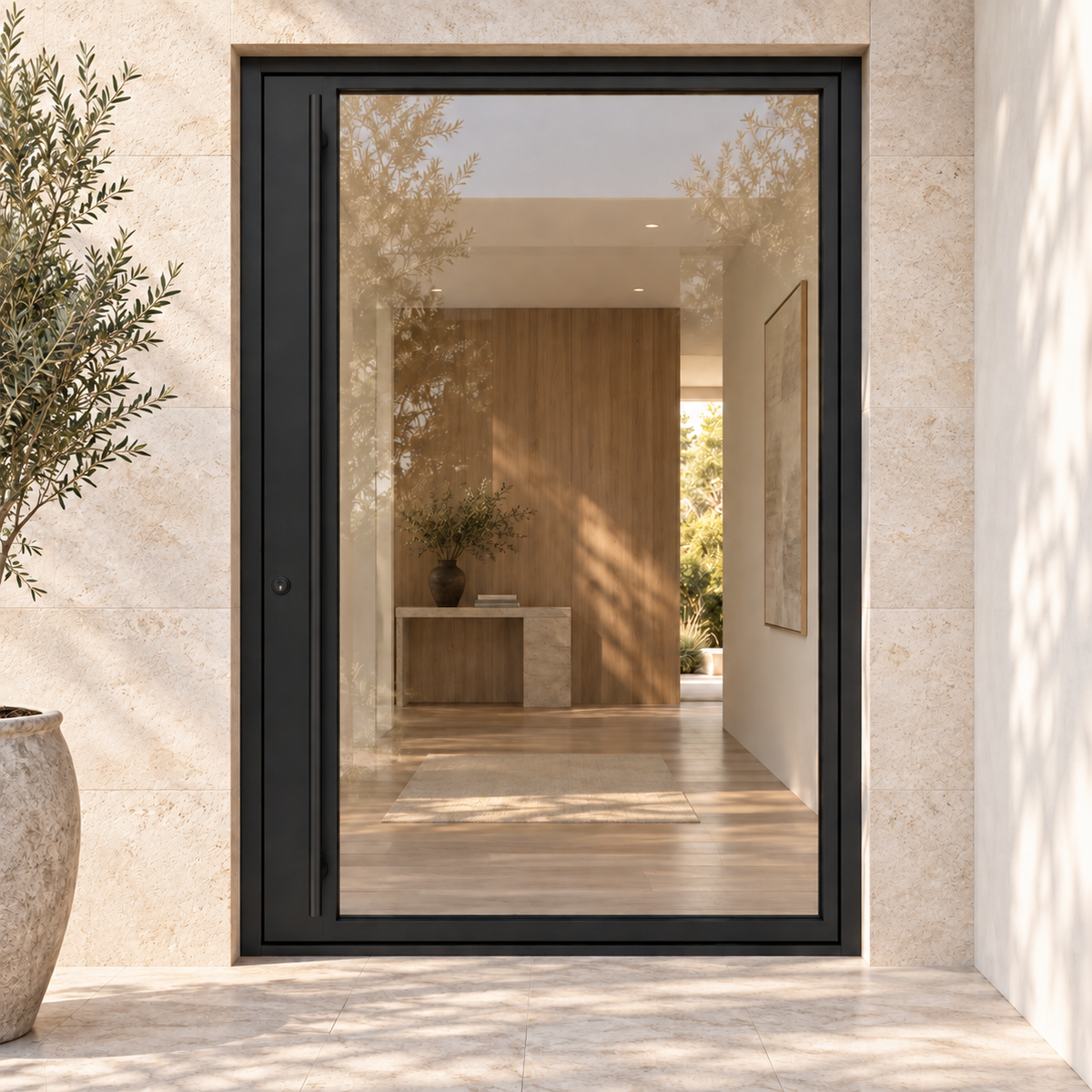 Air Lite Pivot - Flat Steel Door at a limestone luxury home entrance — product visualization