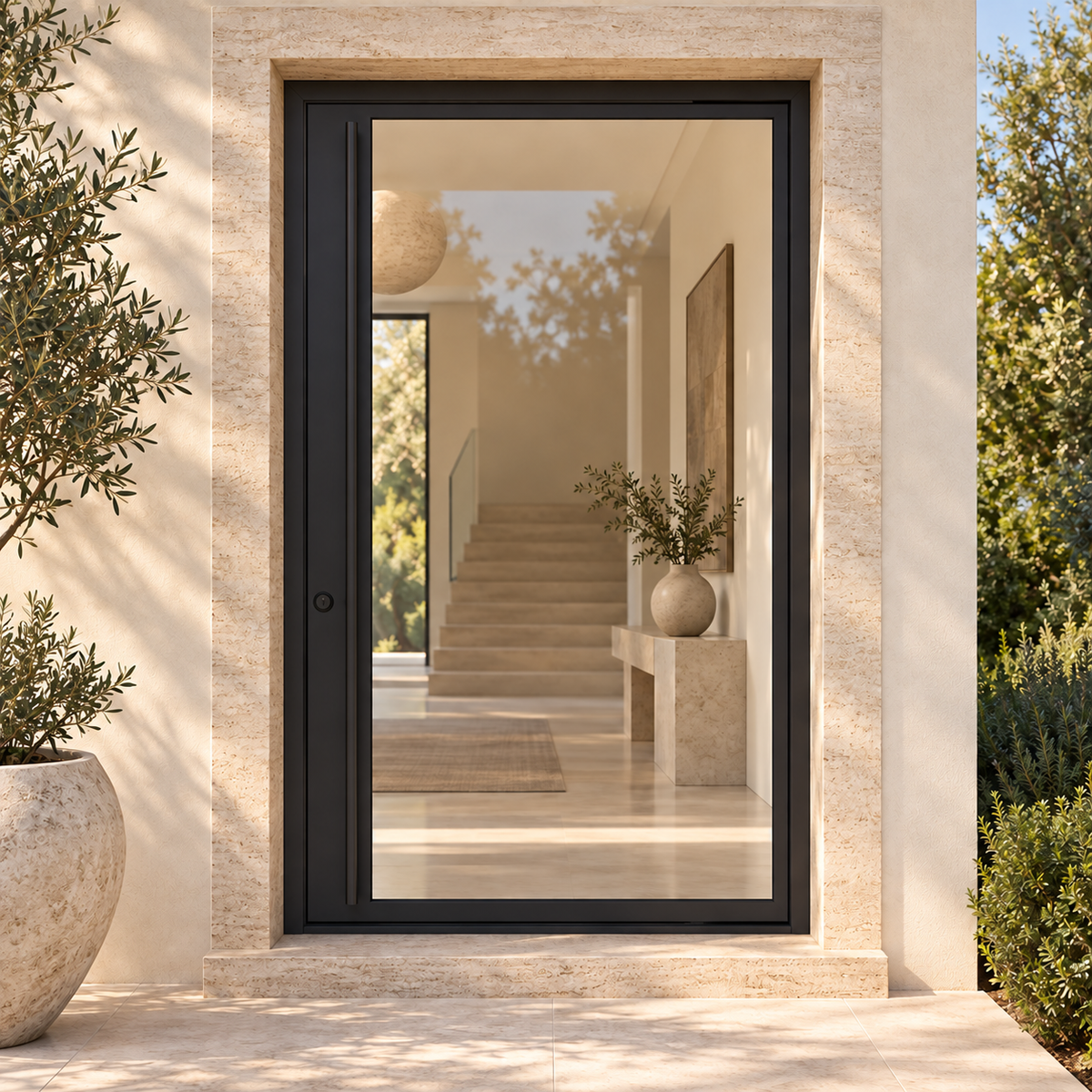 Air Lite Pivot - Flat Steel Door at a cream stucco villa entrance — product visualization