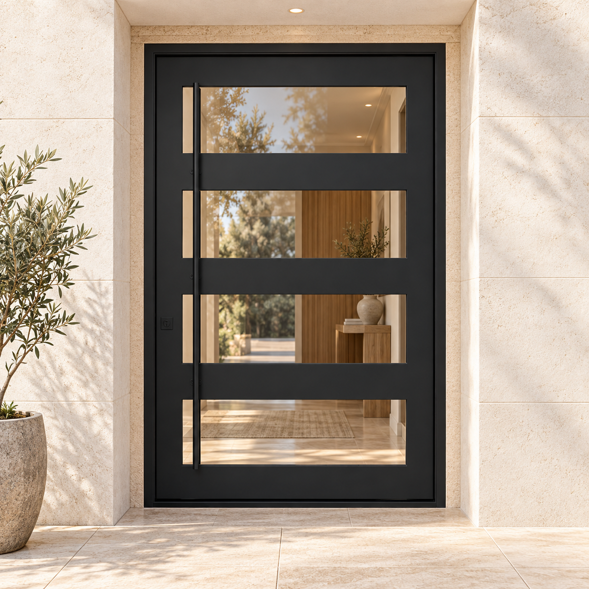 Knox Pivot - Flat Steel Door at a limestone luxury home entrance — product visualization