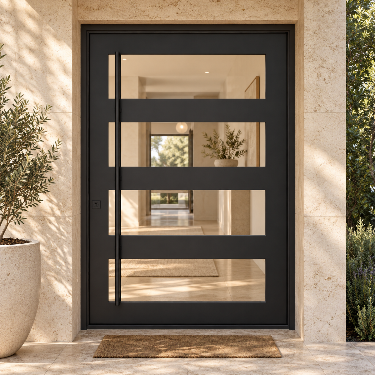 Knox Pivot - Flat Steel Door at a cream stucco villa entrance — product visualization