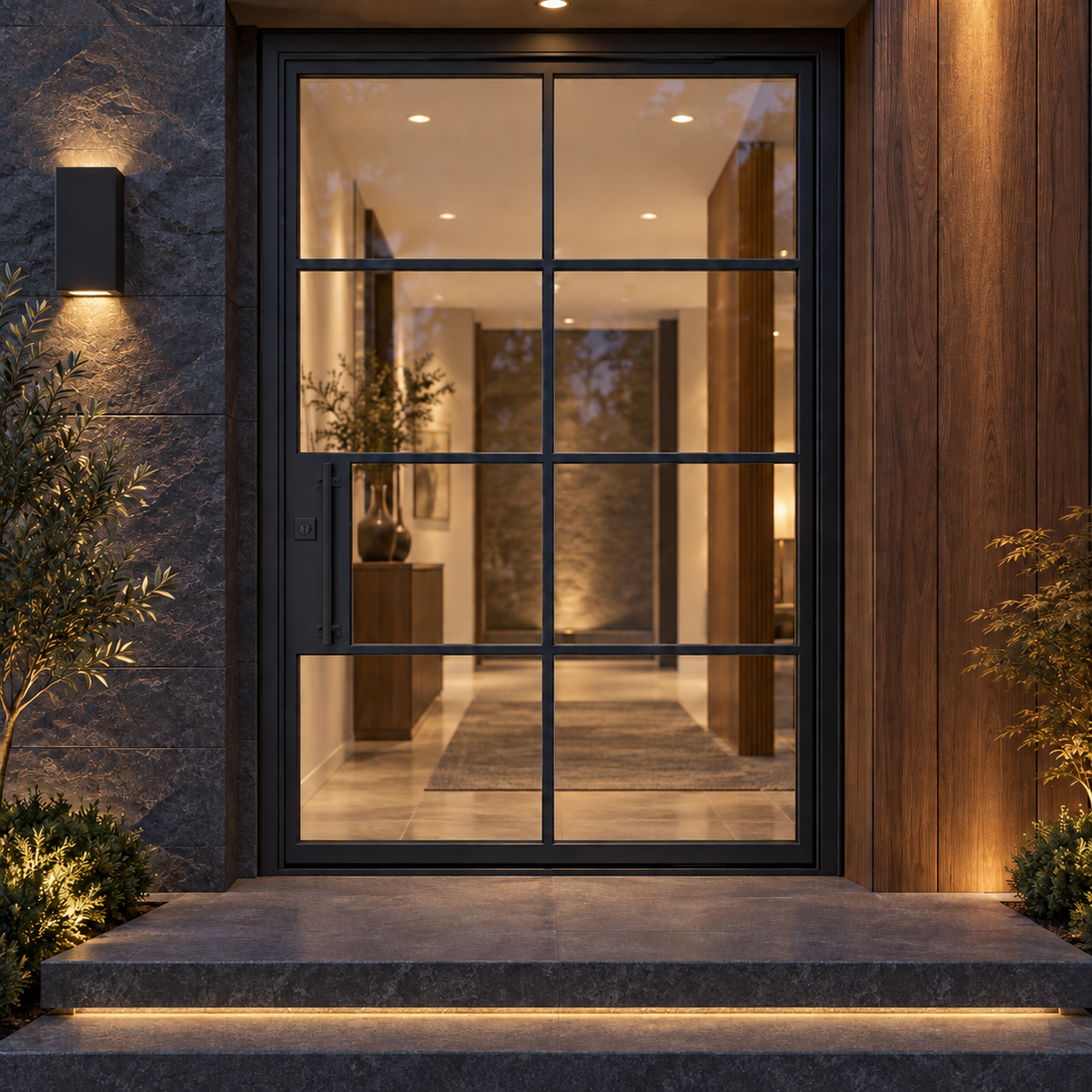 Air 5 Pivot - Flat Steel Door at a charcoal stone entrance at dusk — product visualization
