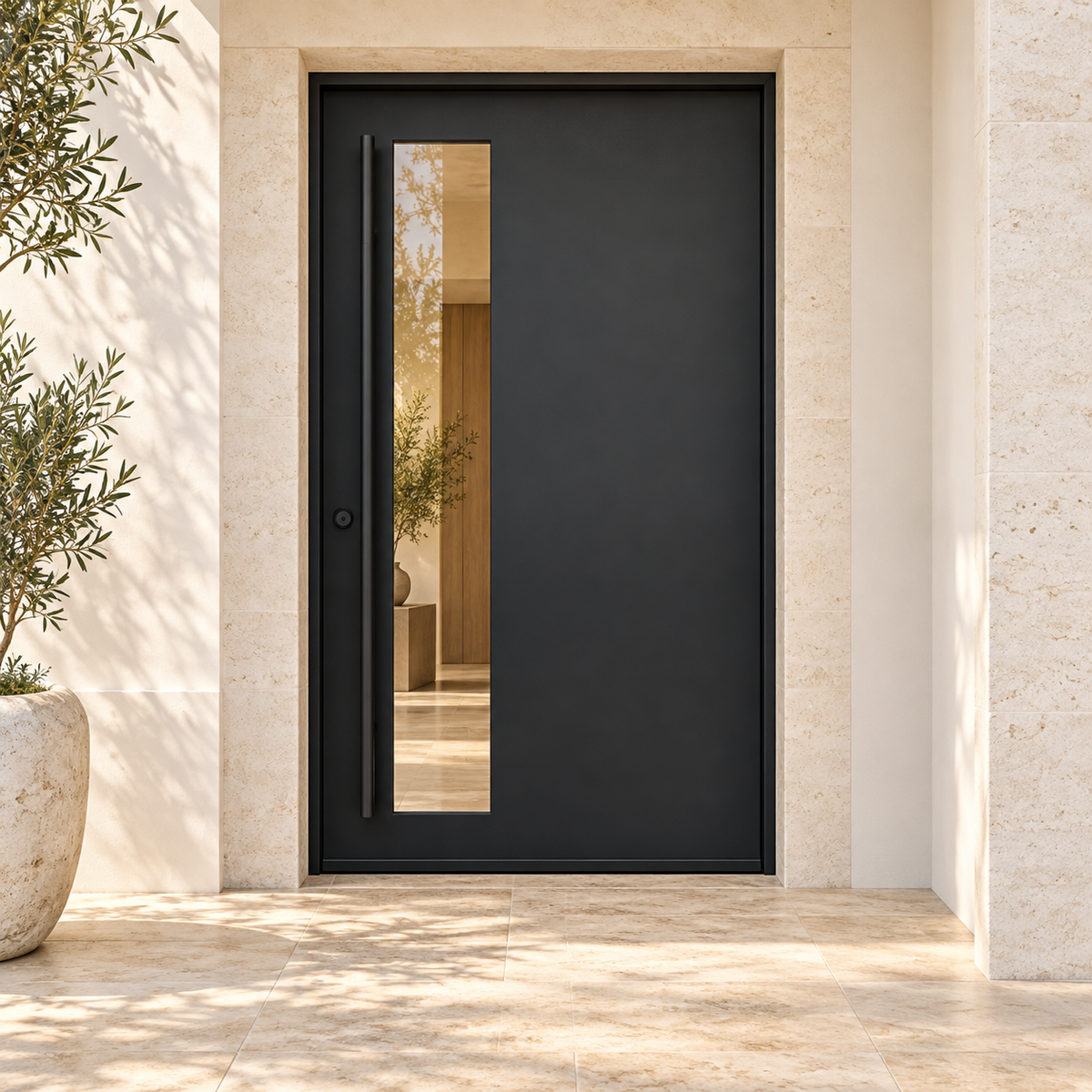 Los Angeles Pivot Steel Door at a limestone luxury home entrance — product visualization