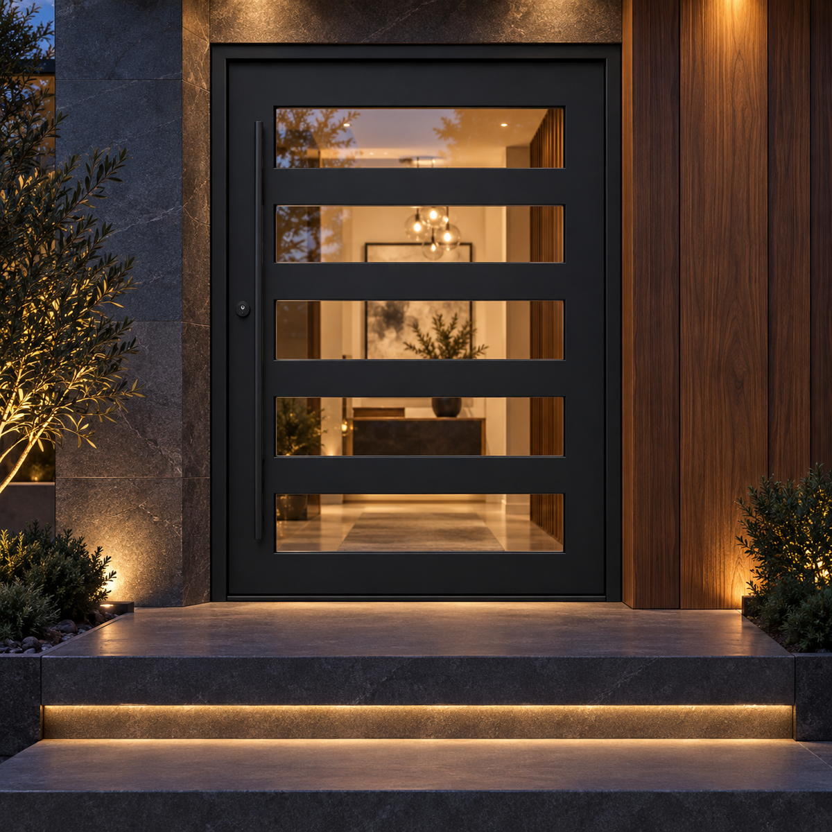 Manhattan Pivot Steel Door at a charcoal stone entrance at dusk — product visualization