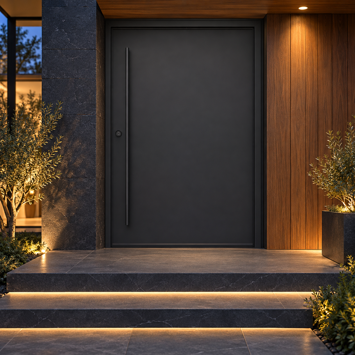 Rockford Pivot Steel Door at a charcoal stone entrance at dusk — product visualization